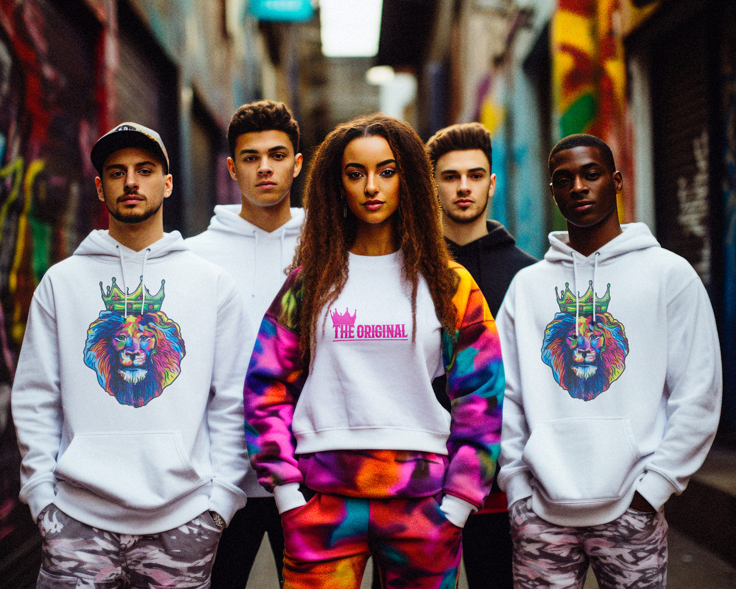 COLOR LION imprint on white hoodies models in the alley. 

Her har vi COLOR LION, som er printet på en lækker hvis GRS hoodie, noget af stoffet er genanvendt og det betyder også at den holder sig mega flot under vask og fnuller ikke.