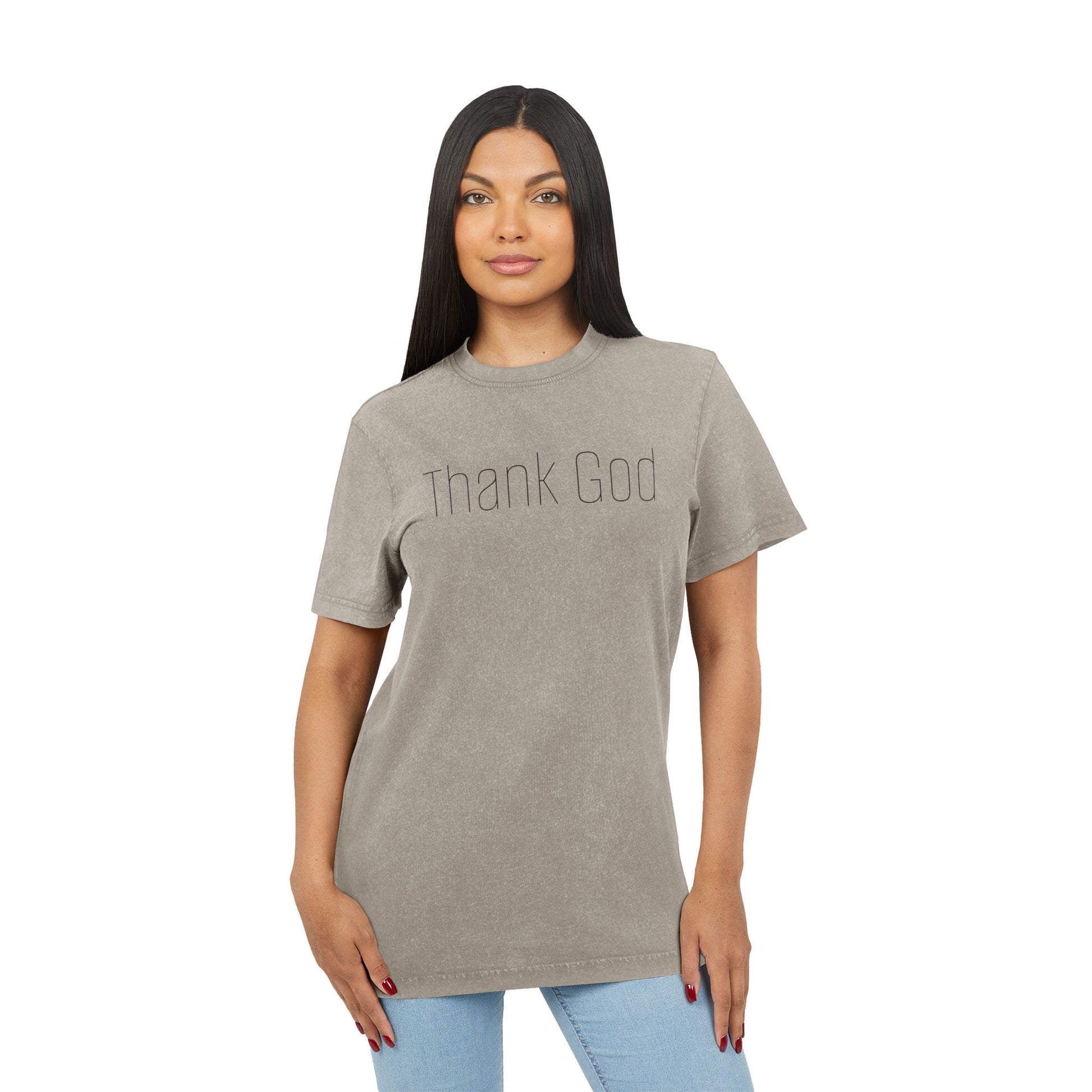 Unisex "THANK GOD" Acid-Washed Black Tee — Vintage Washed Crewneck T-Shirt