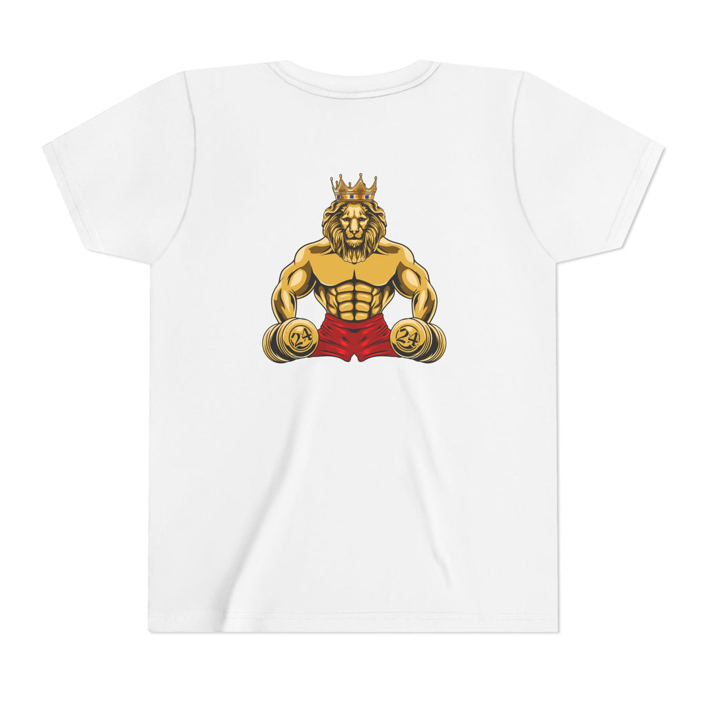 MUSCLE LION (red shorts)Youth Tee - Be Strong and Courageous young people