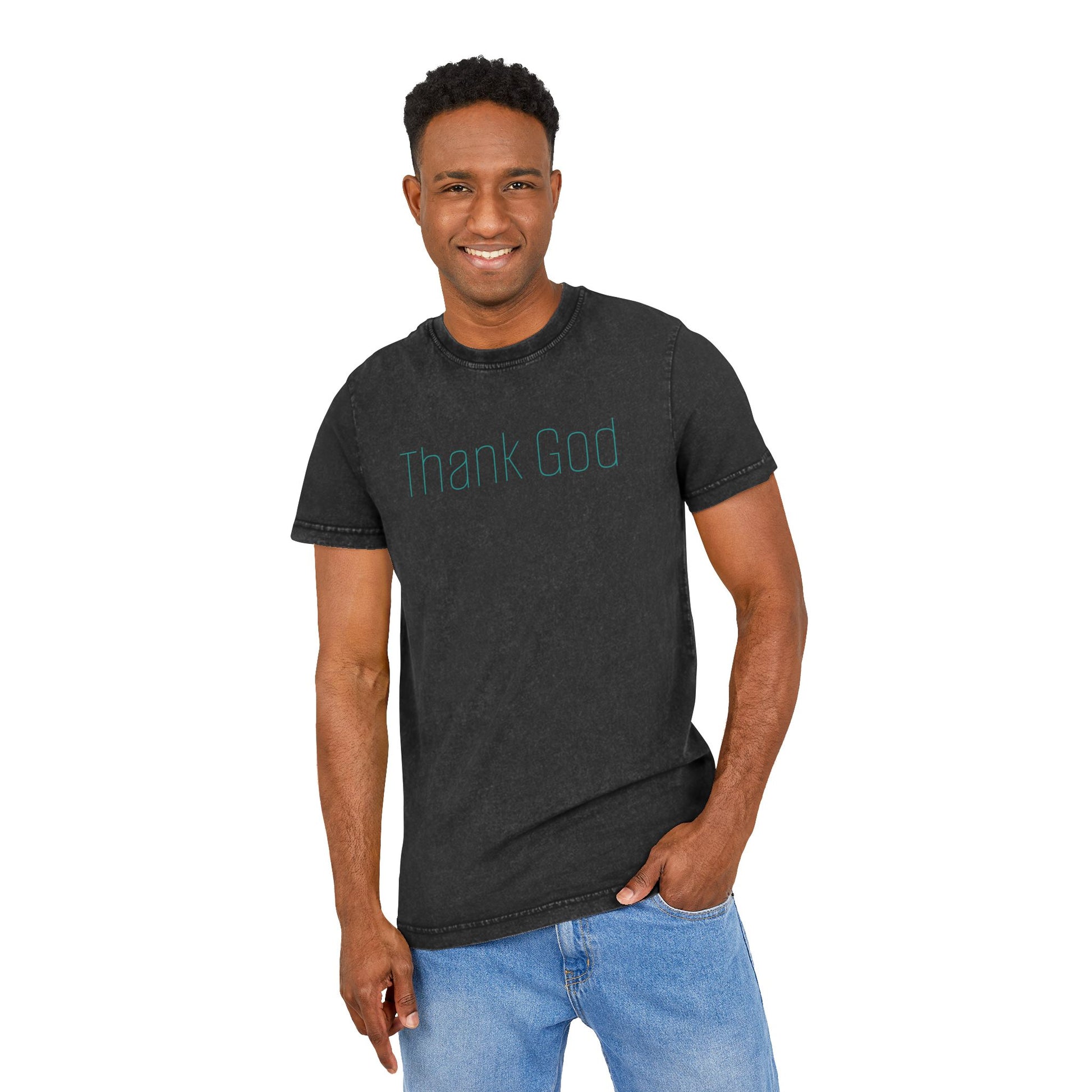 Unisex "THANK GOD" Acid-Washed Black Tee — Vintage Washed Crewneck T-Shirt