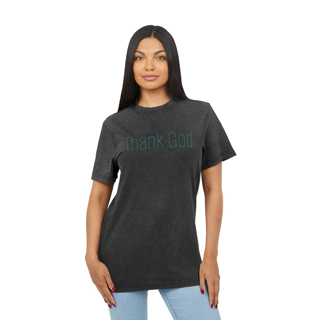 Unisex "THANK GOD" Acid-Washed Black Tee — Vintage Washed Crewneck T-Shirt