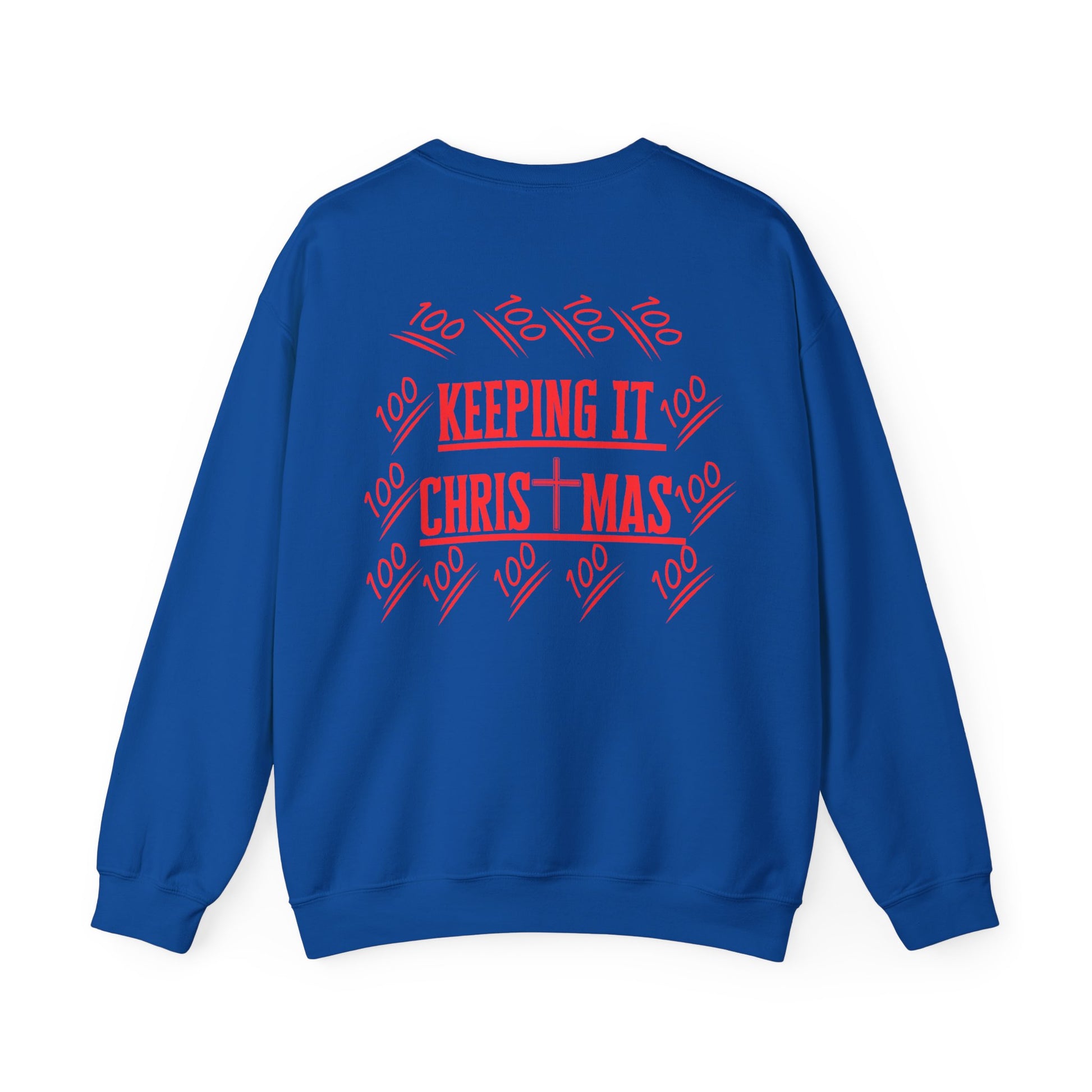 Back view of Christian sweatshirt with red Keep Christ in Christmas print