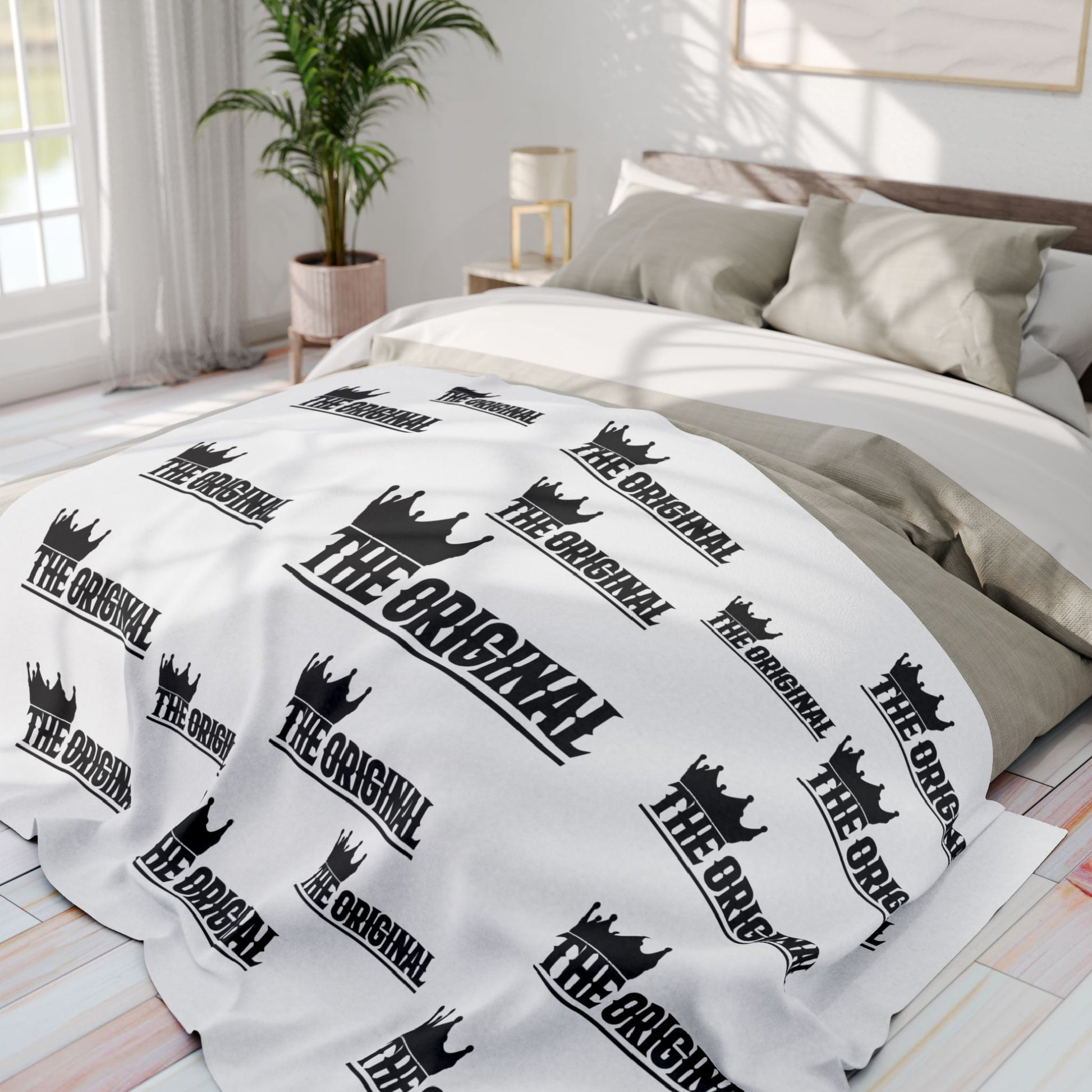 Cozy white blanket with faith-based THE ORIGINAL design in black