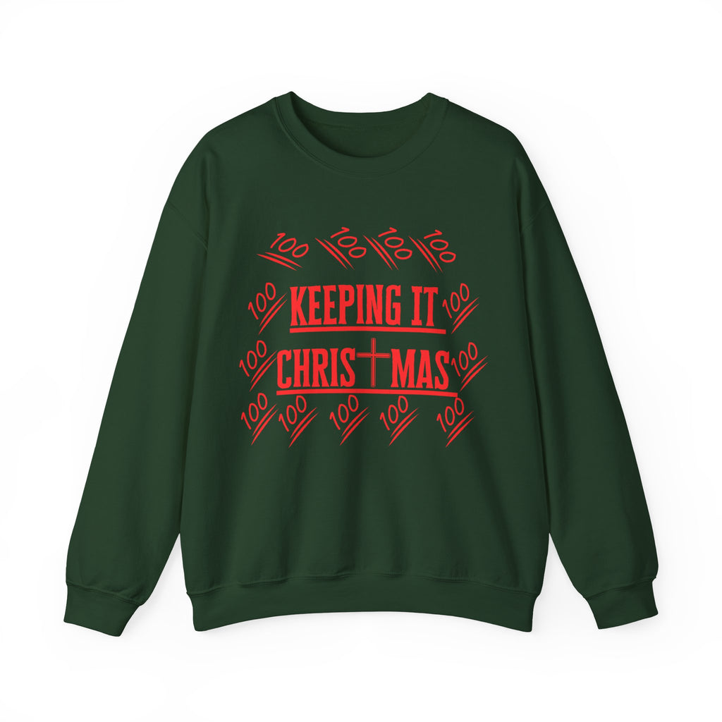 flat lay of bold red text on chest of holiday faithwear sweatshirt from The Original