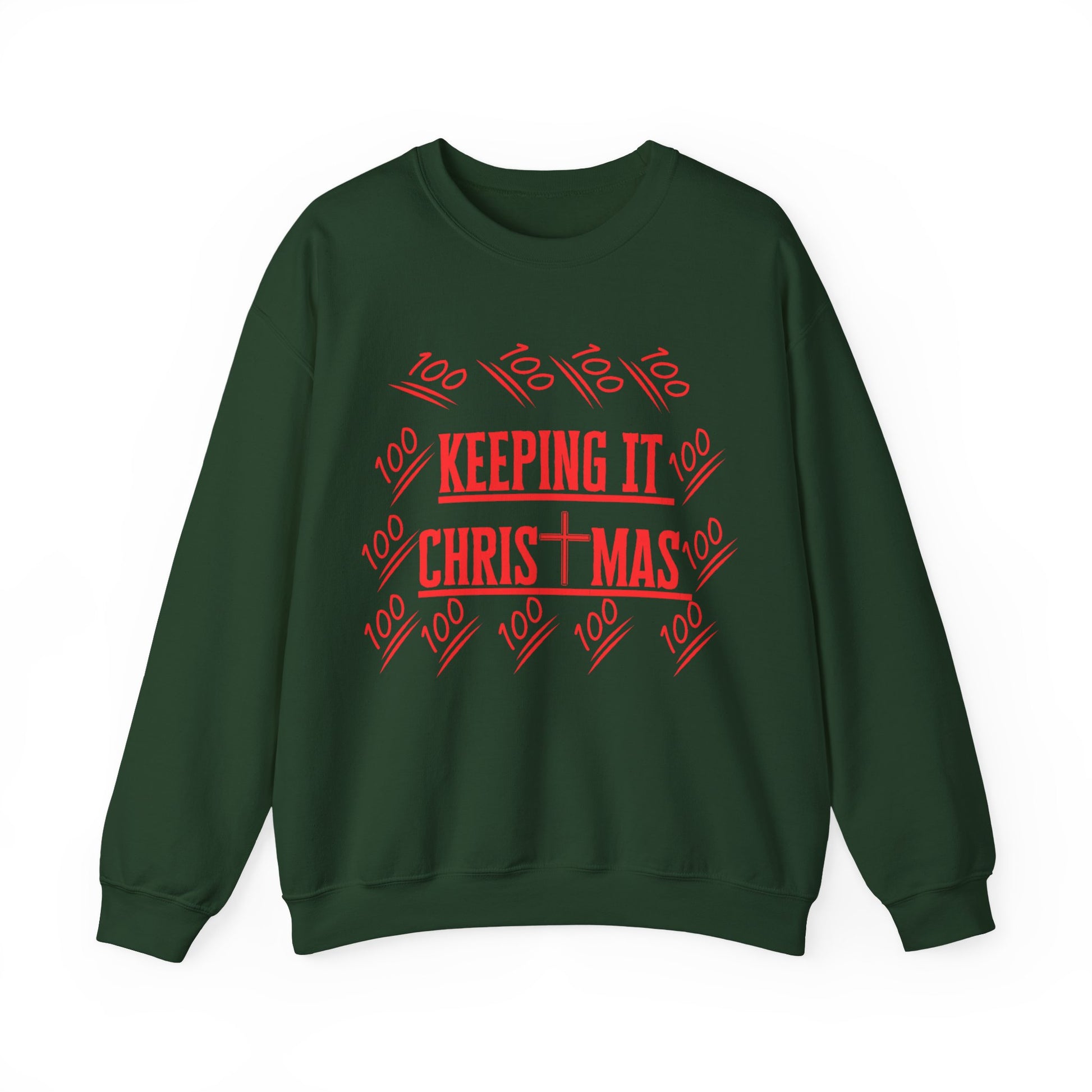 flat lay of bold red text on chest of holiday faithwear sweatshirt from The Original