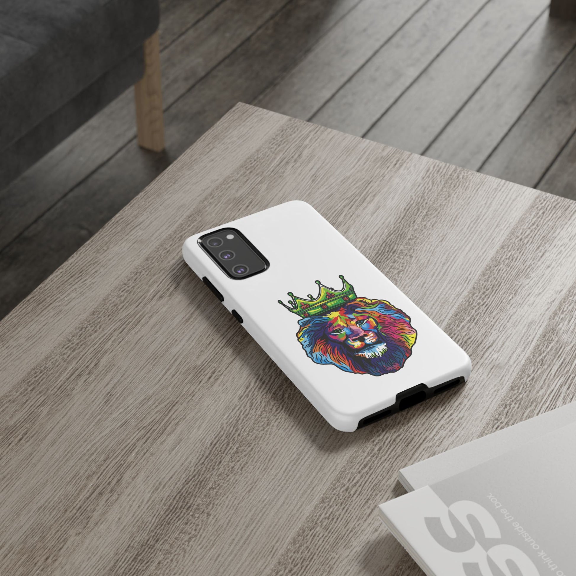 White phone case with colorful Christian lion design – faith-inspired protection