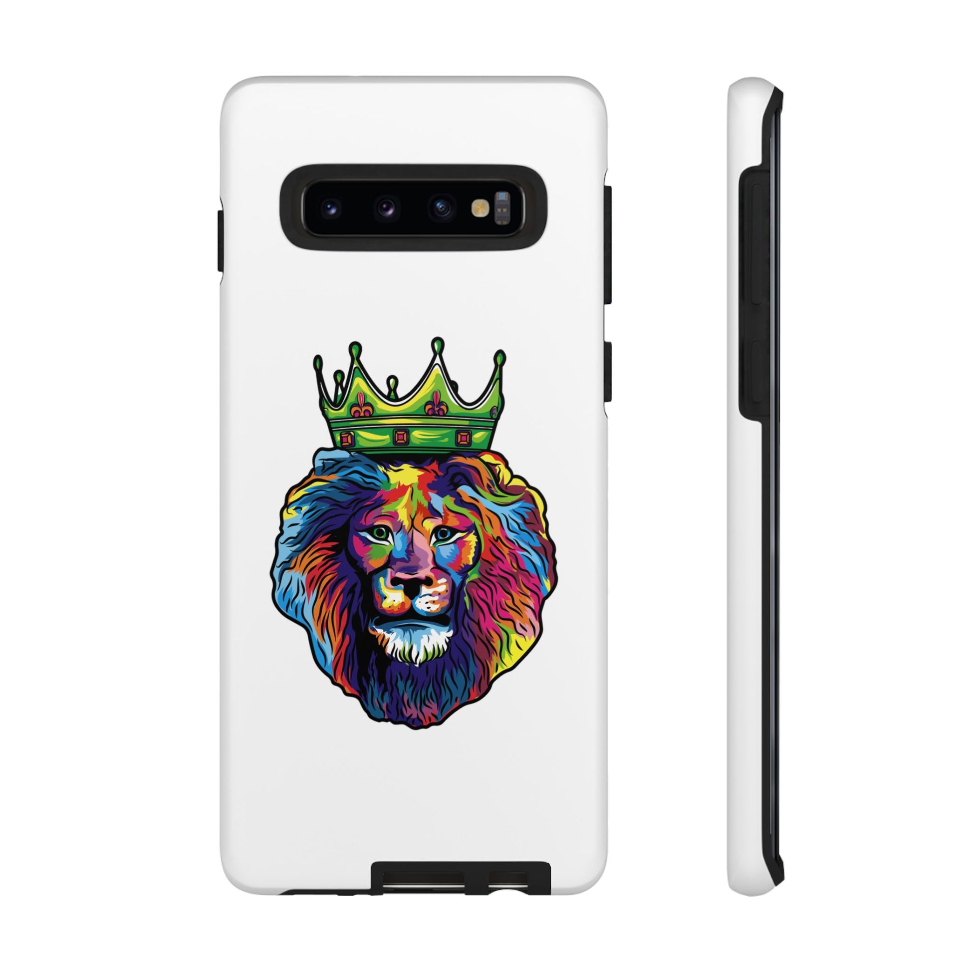 White phone case with colorful Christian lion design – faith-inspired protection