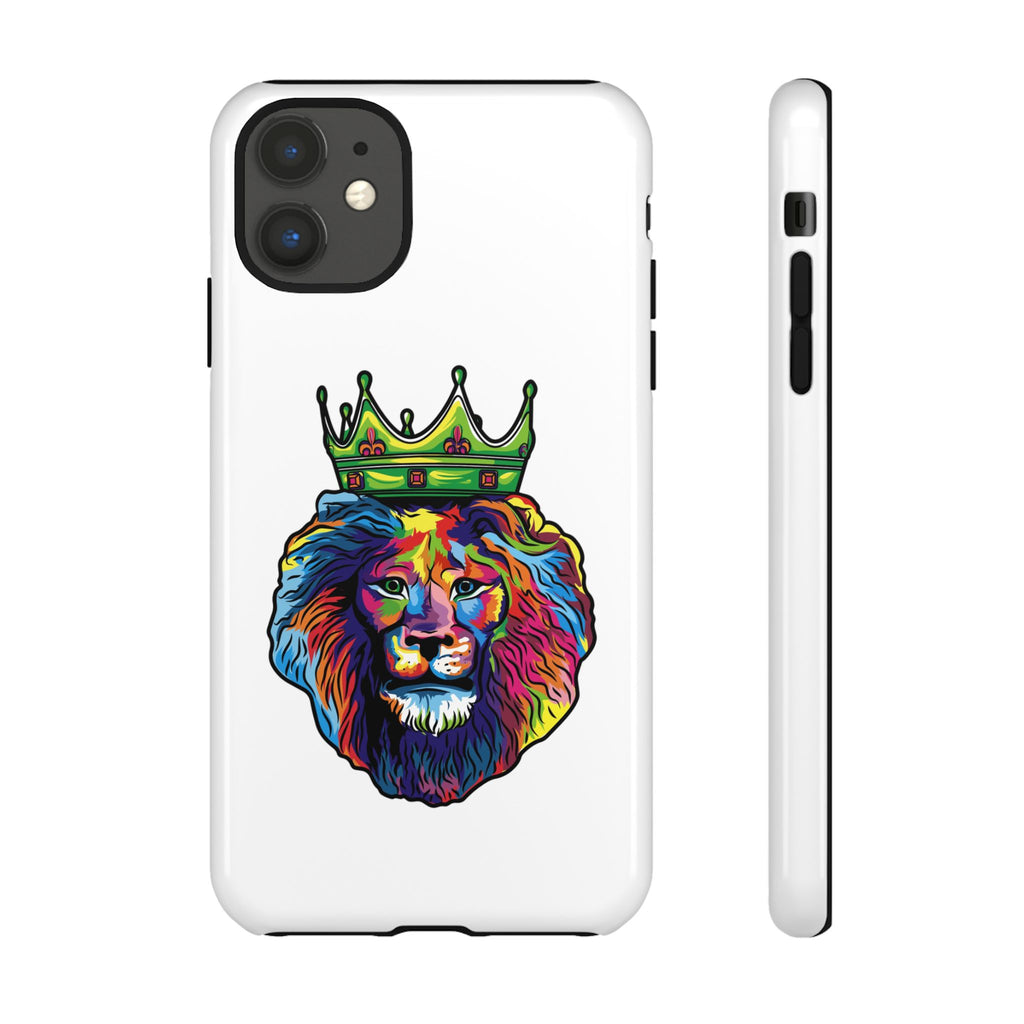White phone case with colorful Christian lion design – faith-inspired protection