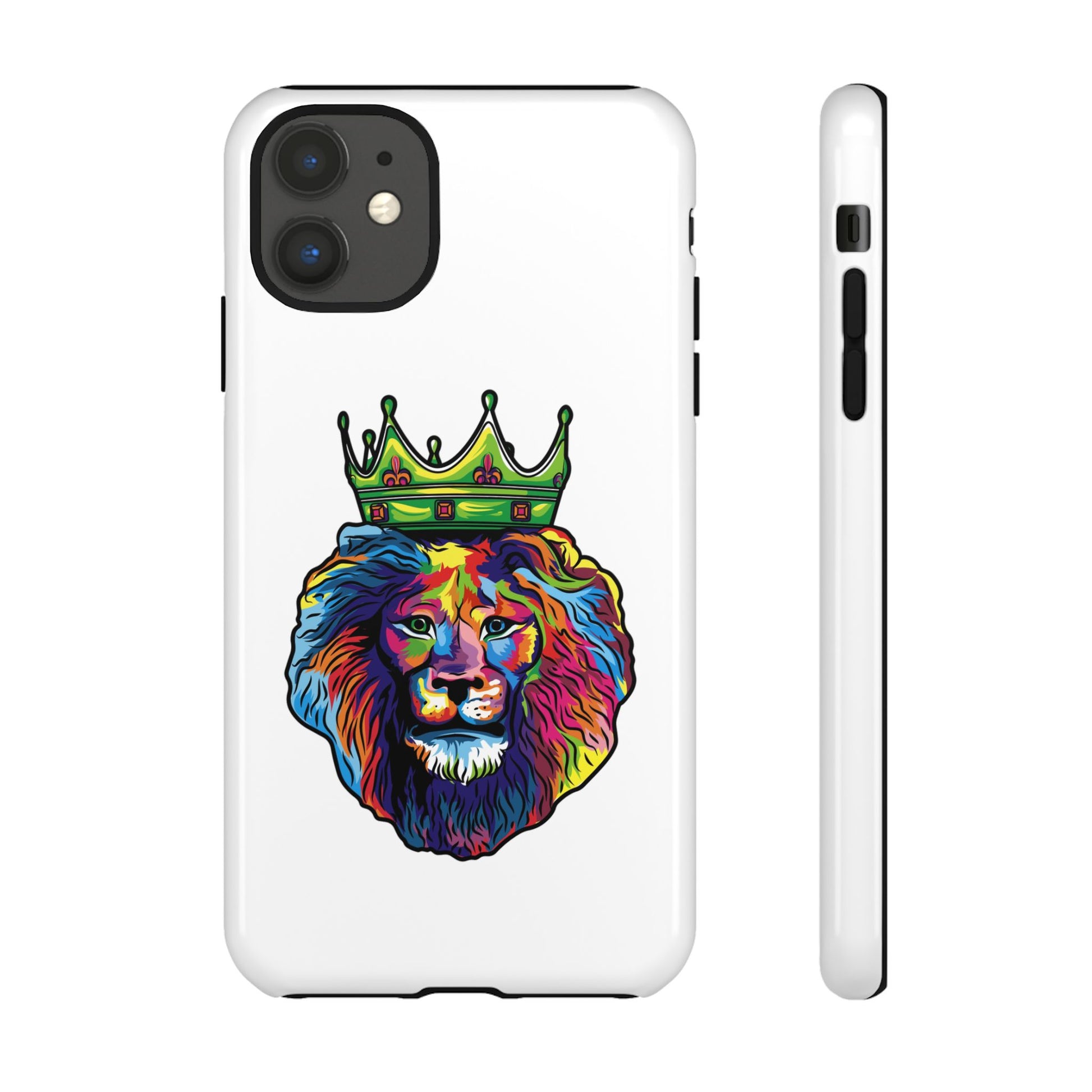 White phone case with colorful Christian lion design – faith-inspired protection
