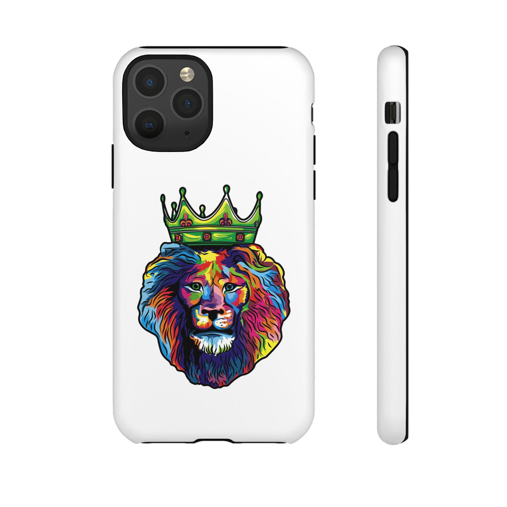 White phone case with colorful Christian lion design – faith-inspired protection
