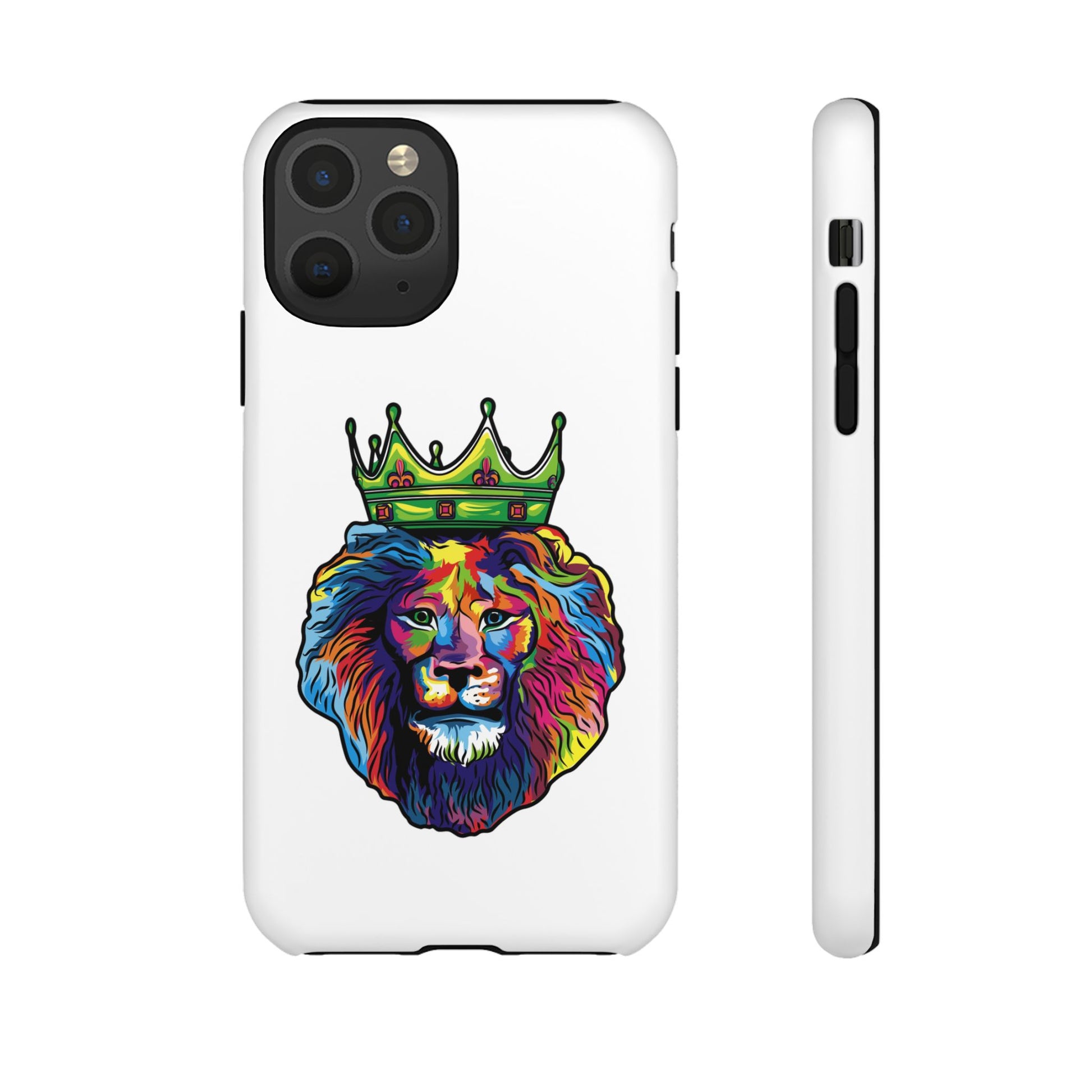 White phone case with colorful Christian lion design – faith-inspired protection