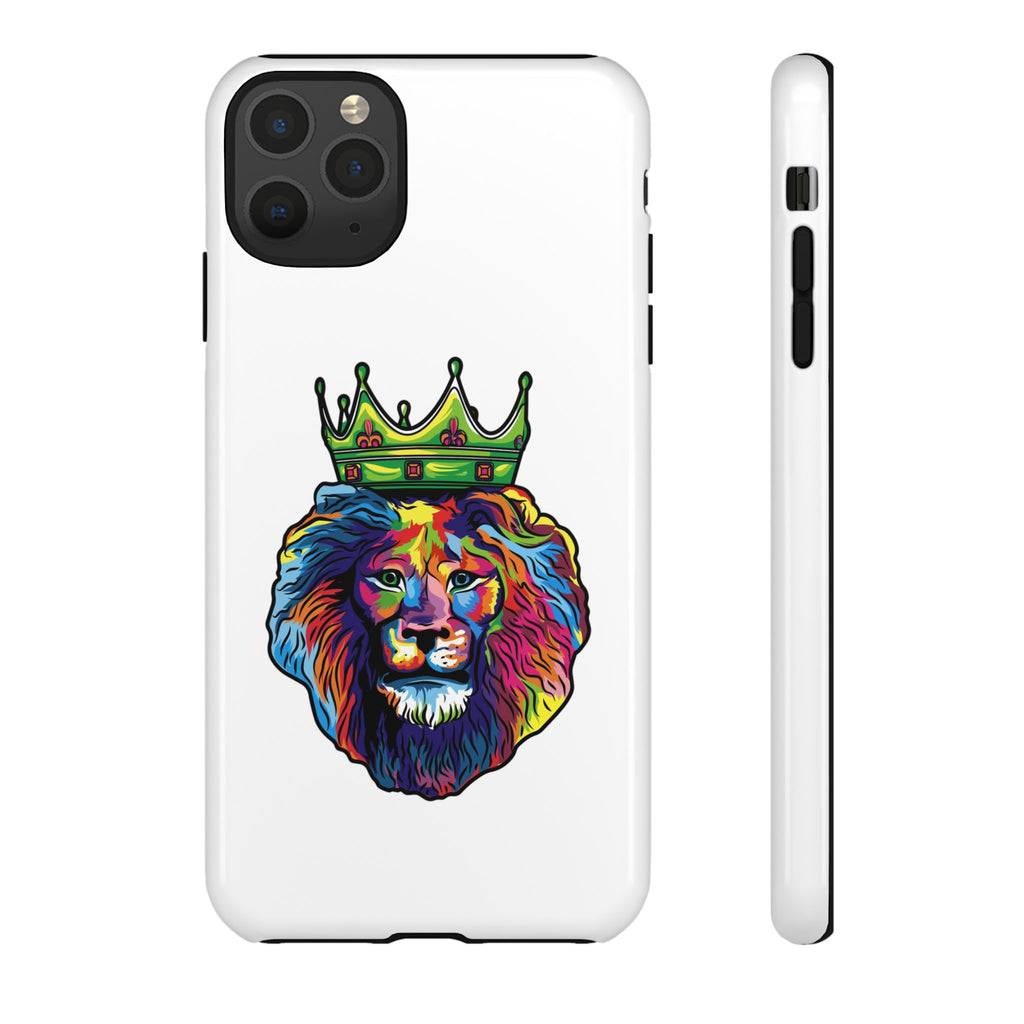 White phone case with colorful Christian lion design – faith-inspired protection