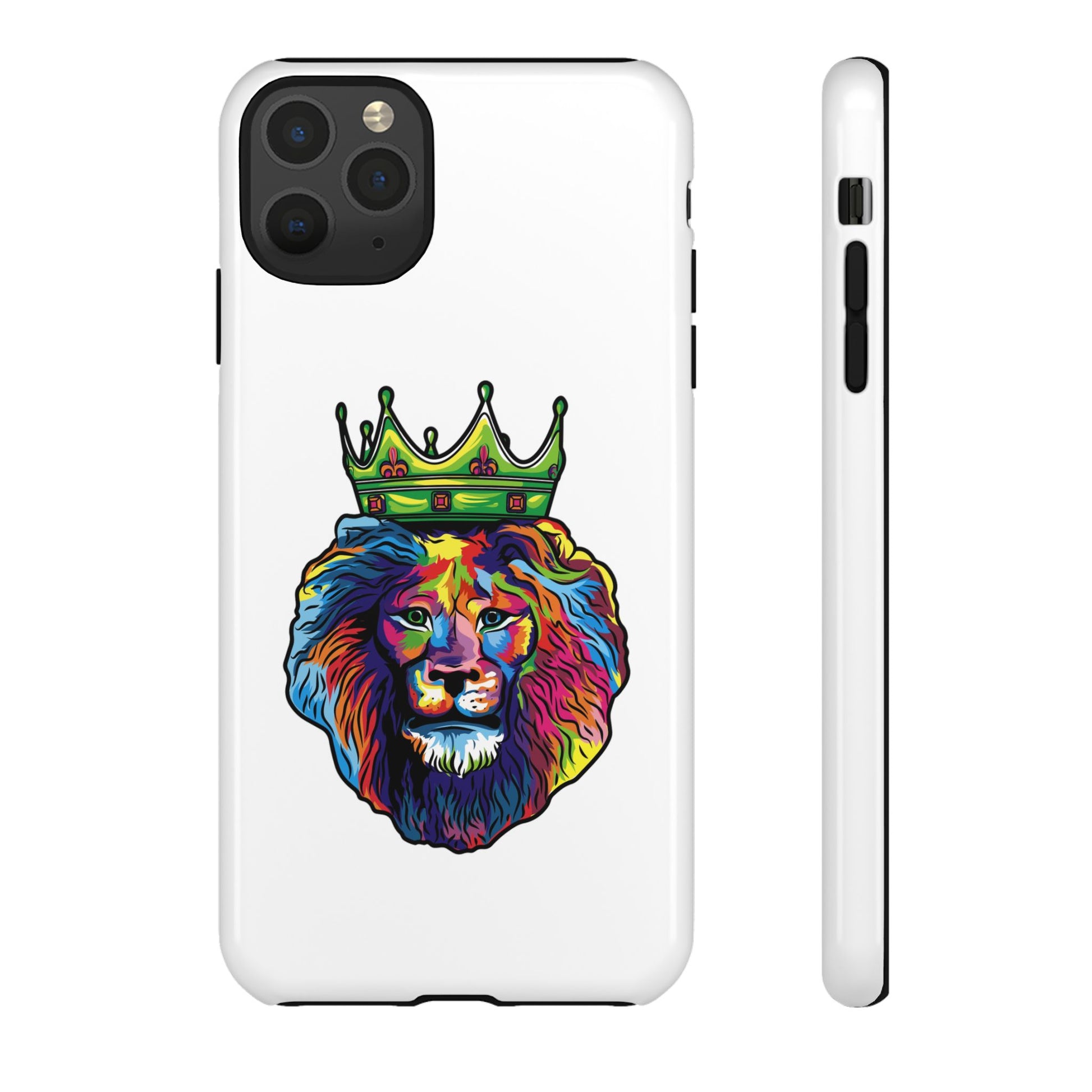 White phone case with colorful Christian lion design – faith-inspired protection