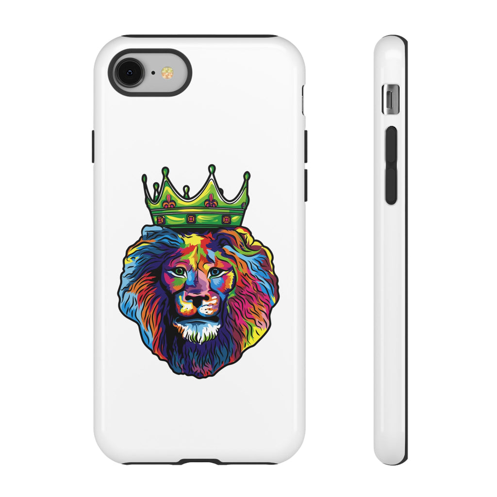 White phone case with colorful Christian lion design – faith-inspired protection