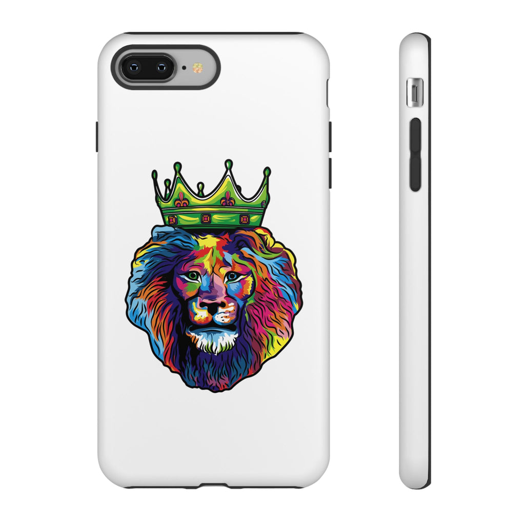 White phone case with colorful Christian lion design – faith-inspired protection