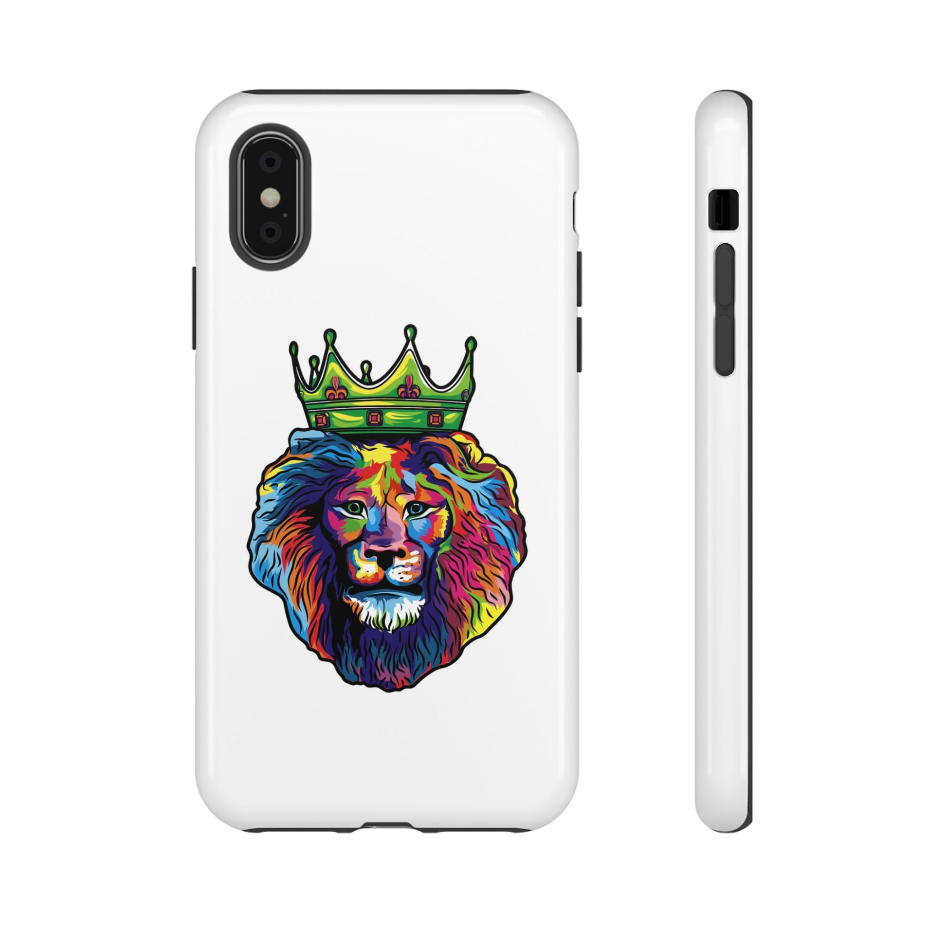 White phone case with colorful Christian lion design – faith-inspired protection