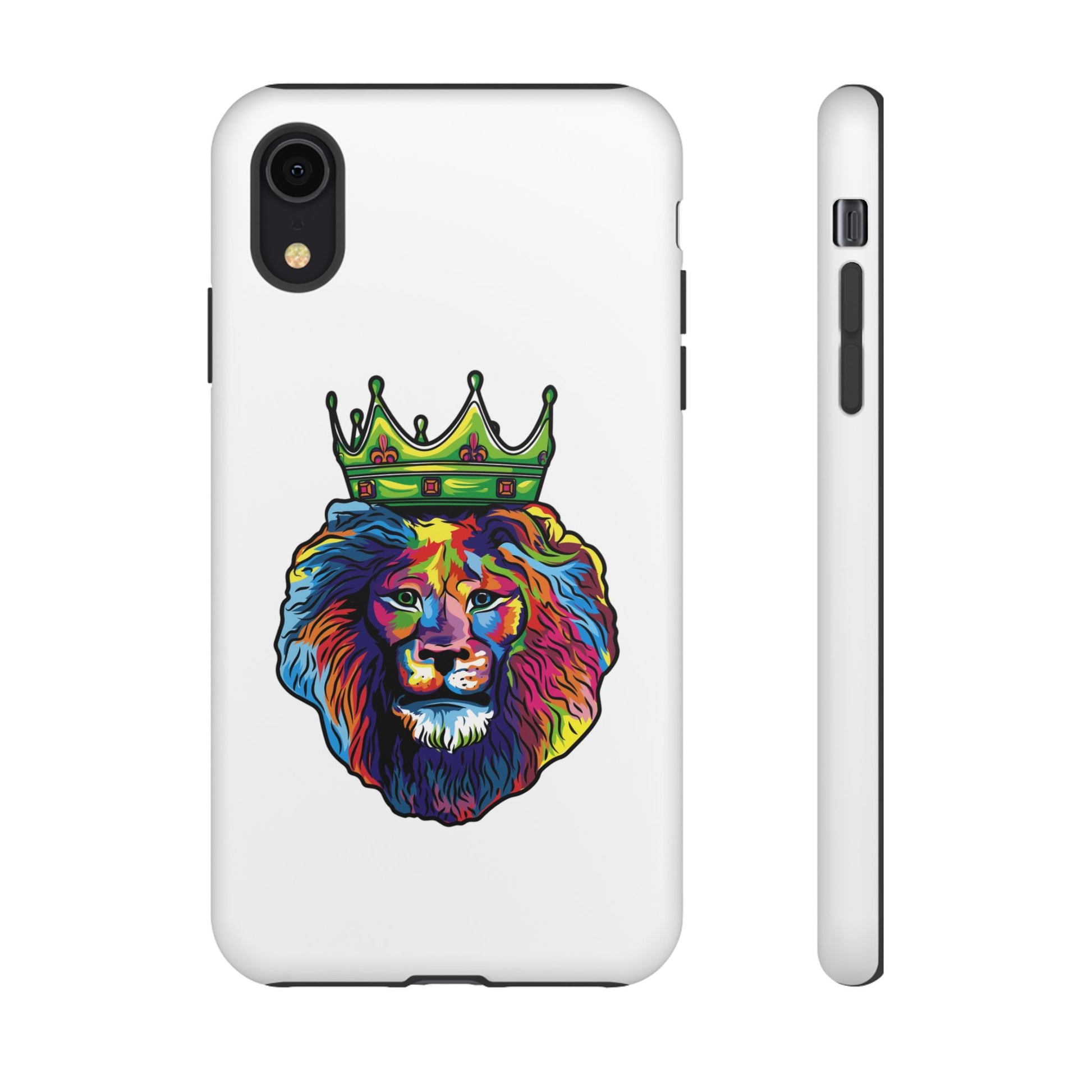 White phone case with colorful Christian lion design – faith-inspired protection
