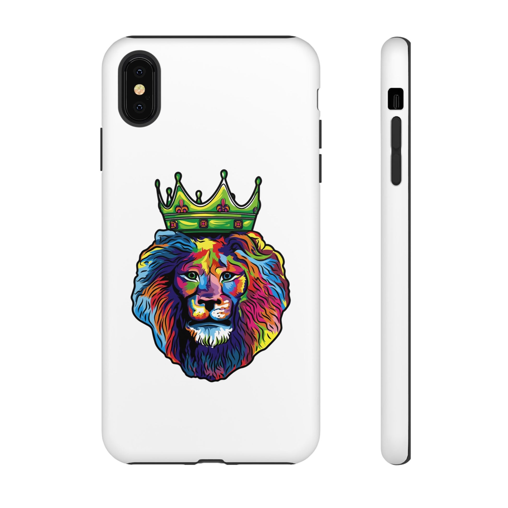 White phone case with colorful Christian lion design – faith-inspired protection
