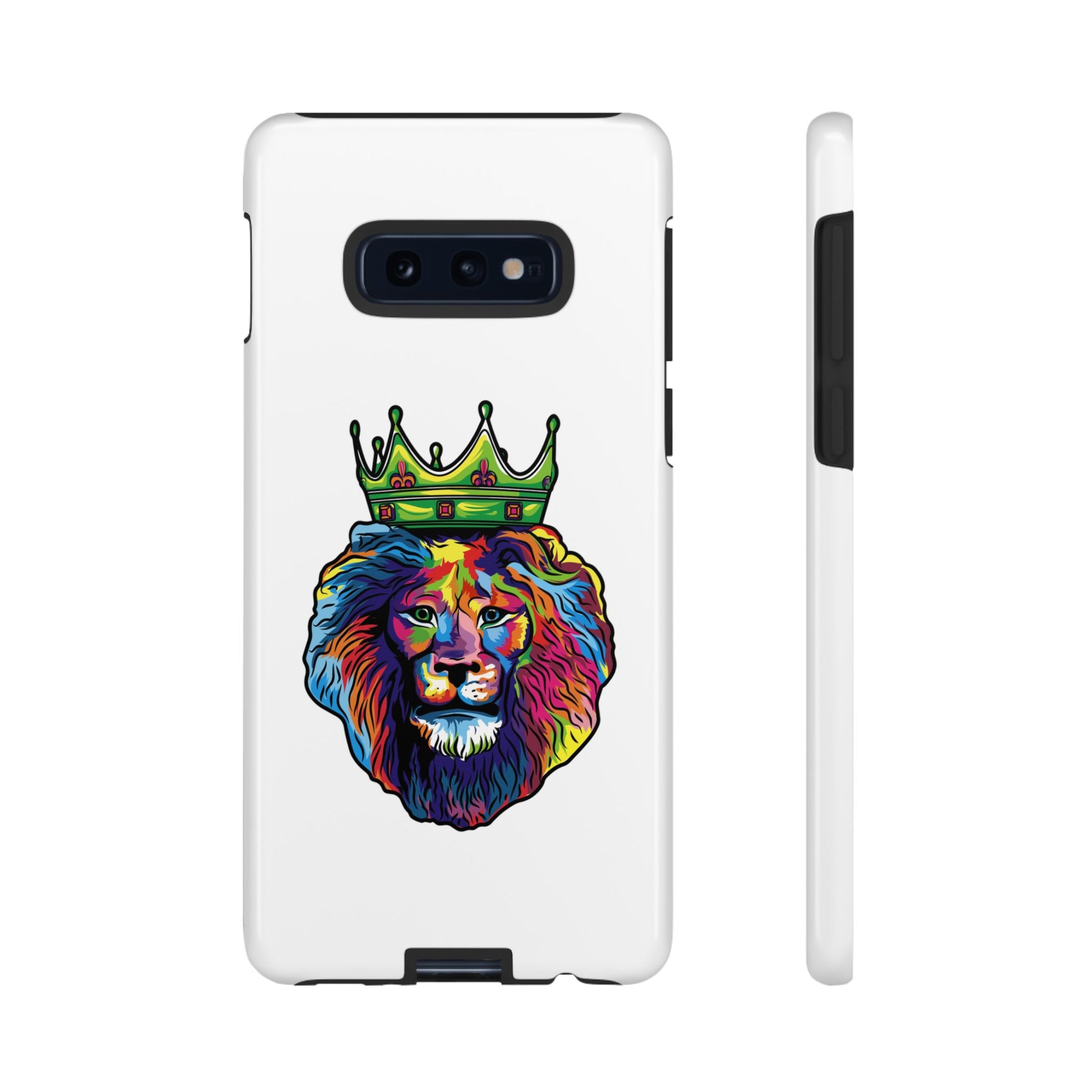 White phone case with colorful Christian lion design – faith-inspired protection