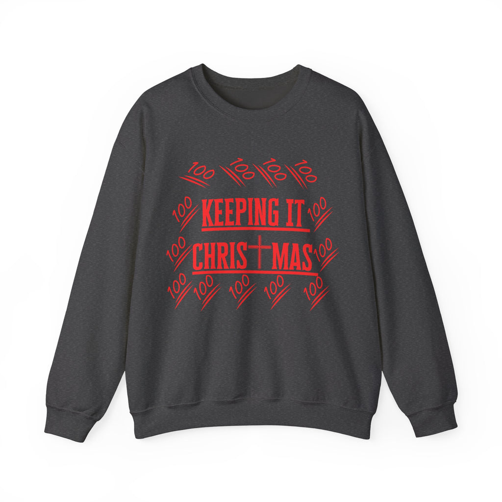 Front view of Christian sweatshirt with red Keep Christ in Christmas print