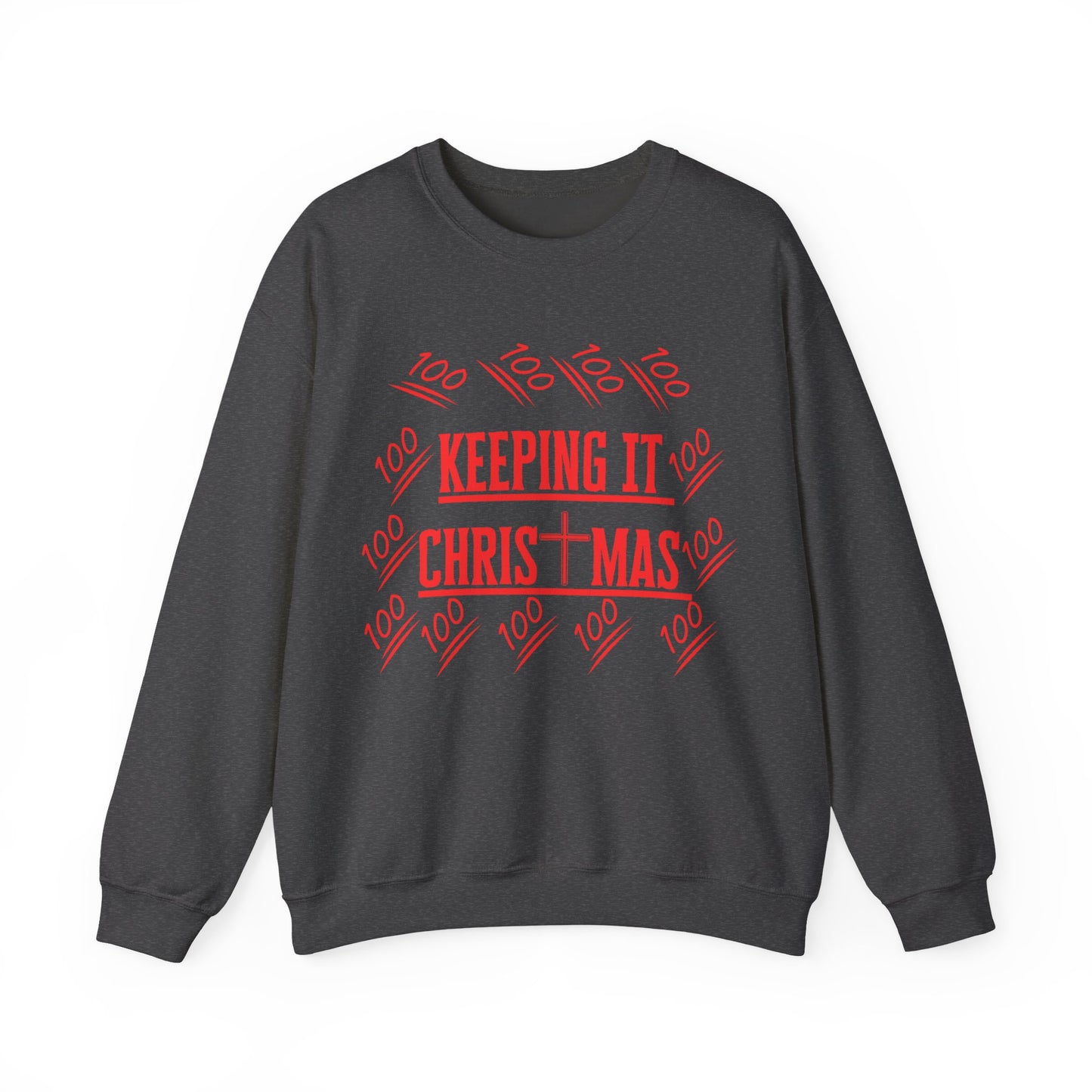 Front view of Christian sweatshirt with red Keep Christ in Christmas print