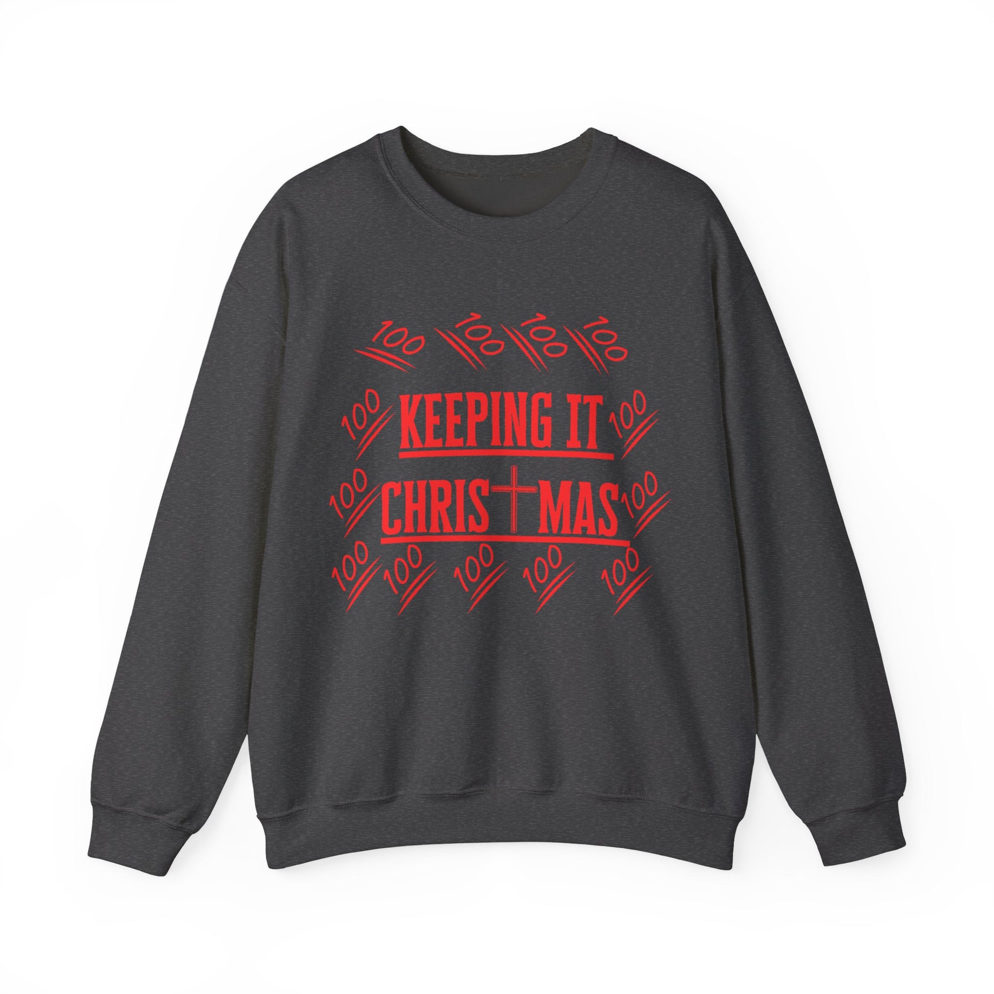 Front view of Christian sweatshirt with red Keep Christ in Christmas print