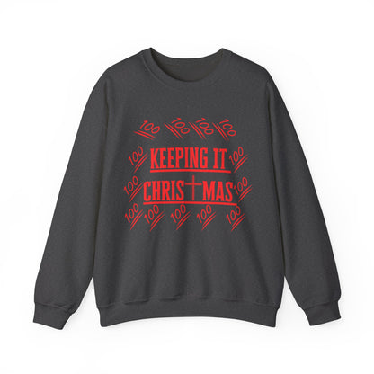 Front view of Christian sweatshirt with red Keep Christ in Christmas print