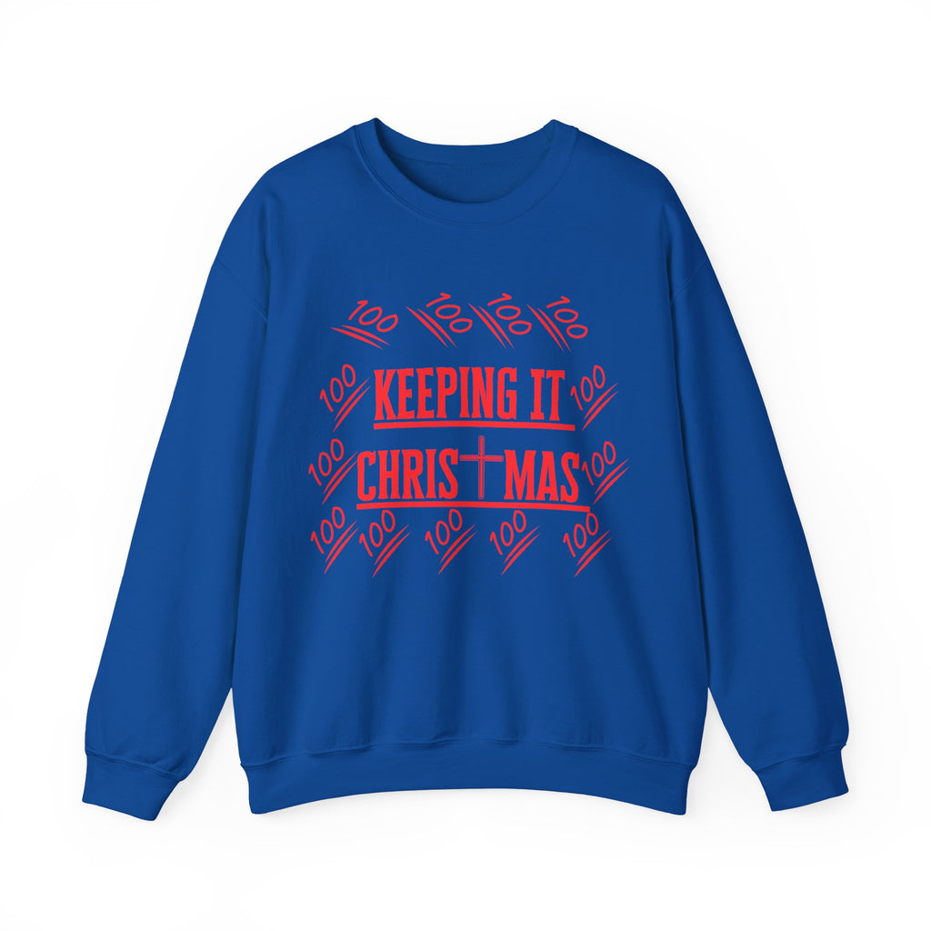 Detail of neckline and red text design promoting Christ-centered Christmas
