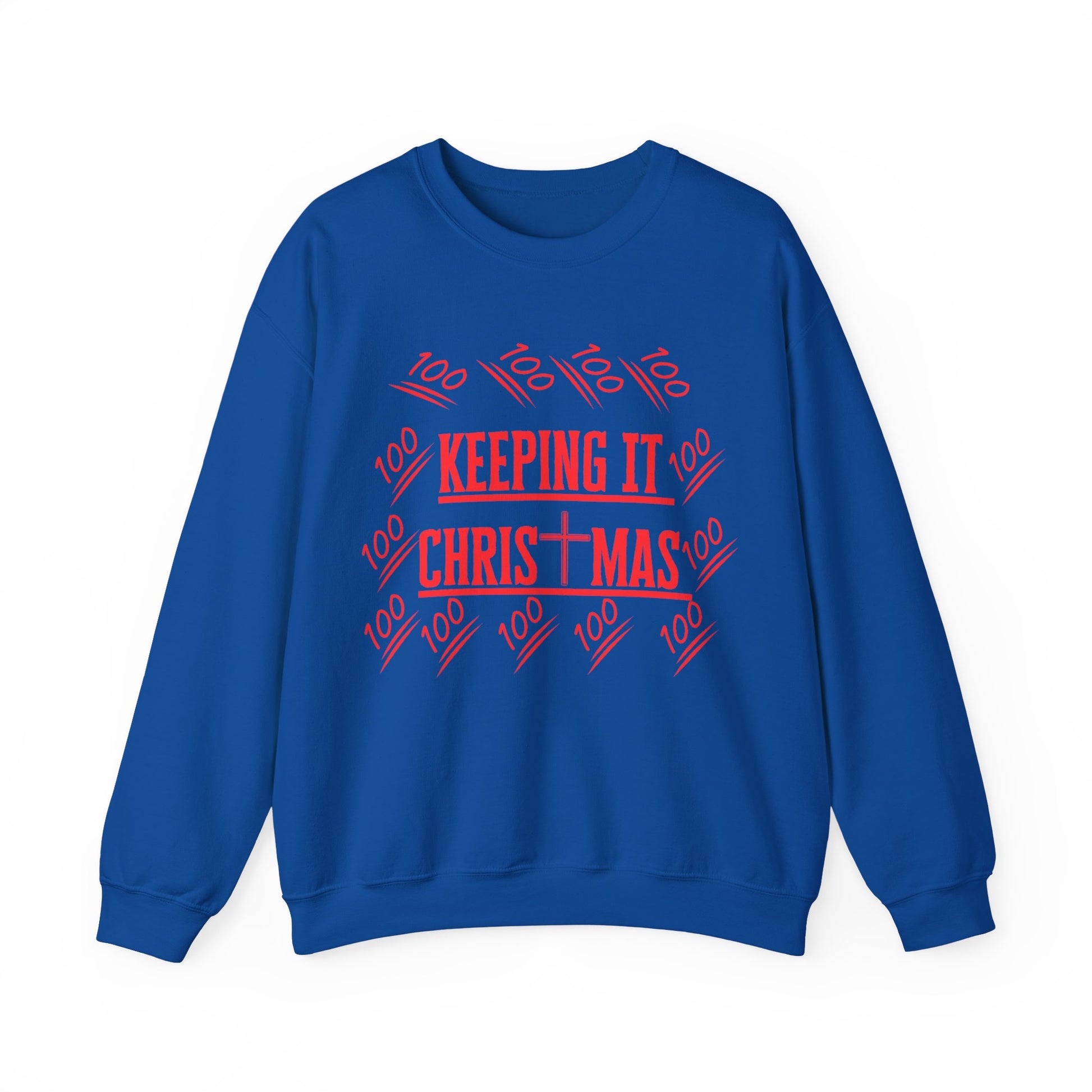 Detail of neckline and red text design promoting Christ-centered Christmas