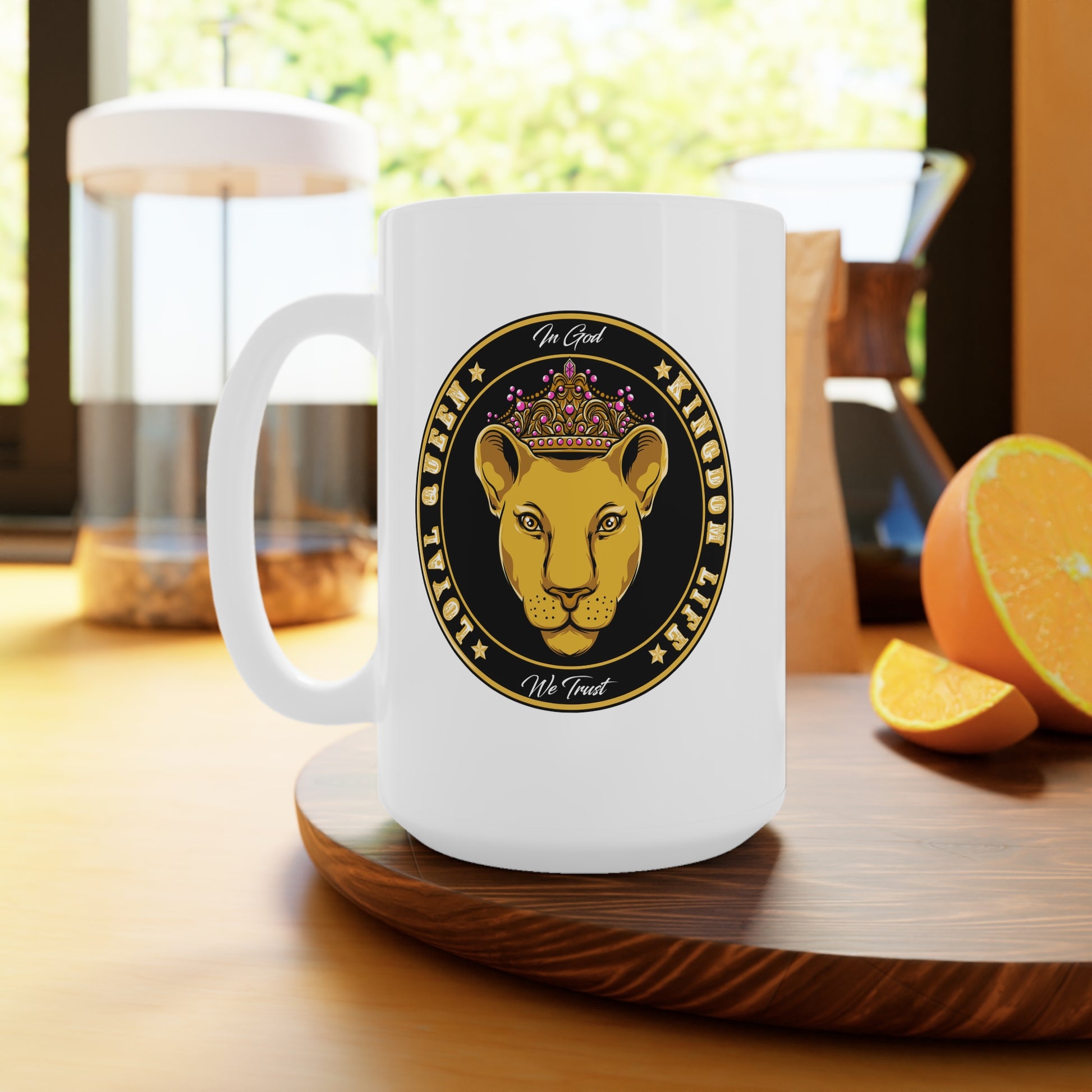 LOYAL QUEEN morning coffee mug on a table – The Original