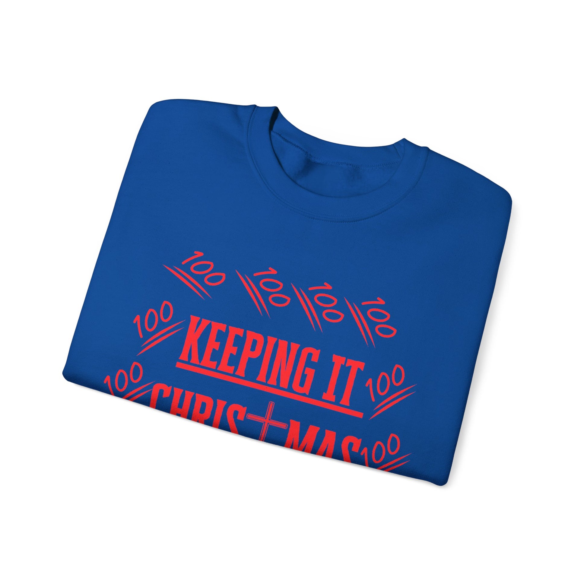 folded with Detail of neckline and red text design promoting Christ-centered Christmas
