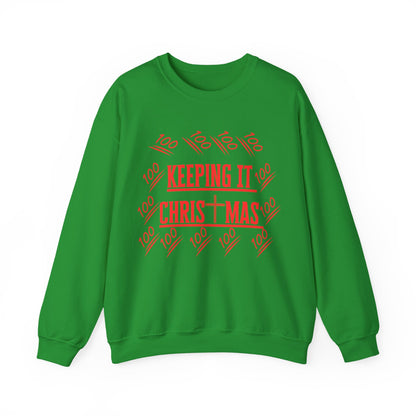 Flat lay of bold red text on chest of green holiday faithwear sweatshirt