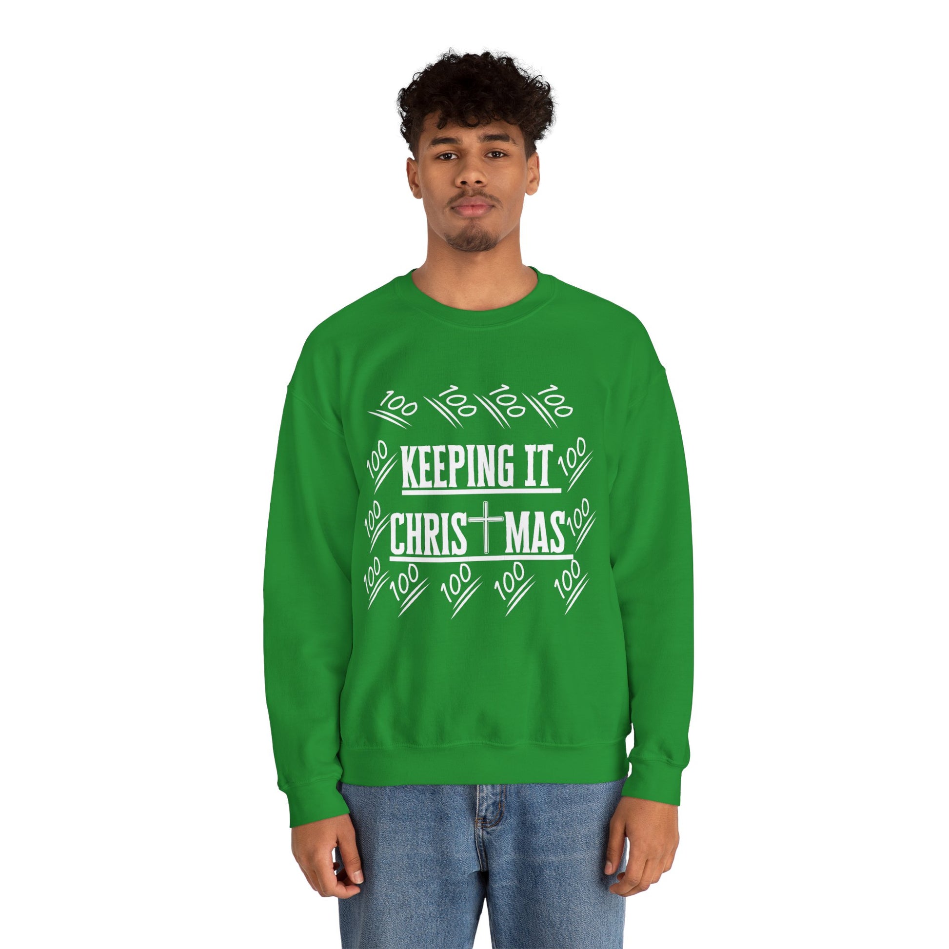Unisex Christian Christmas sweatshirt styled with jeans on a neutral background