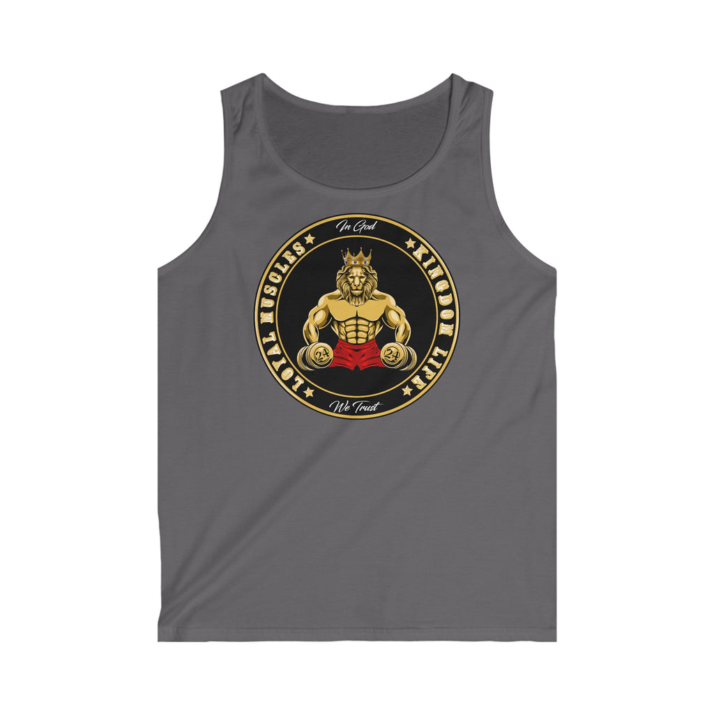 Close-up of LOYAL MUSCLE print on Christian men’s tank top – minimalist streetwear