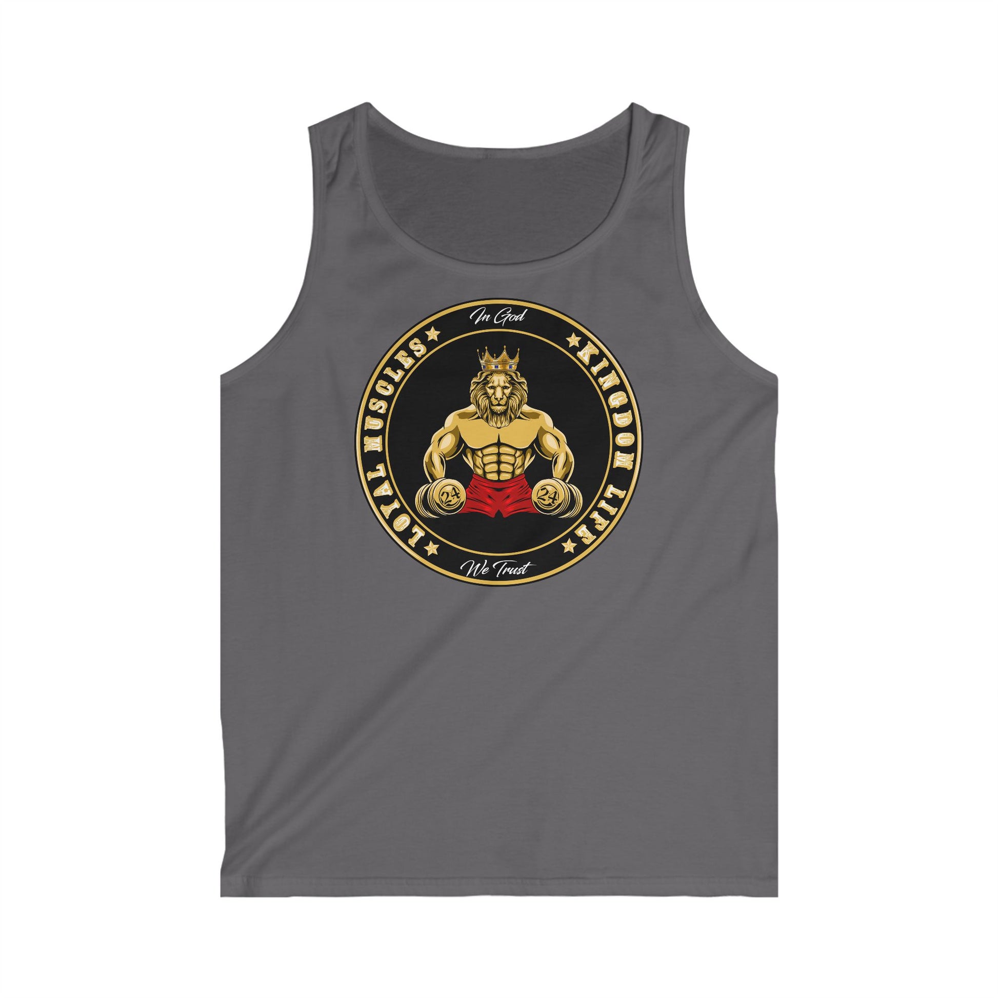 Close-up of LOYAL MUSCLE print on Christian men’s tank top – minimalist streetwear