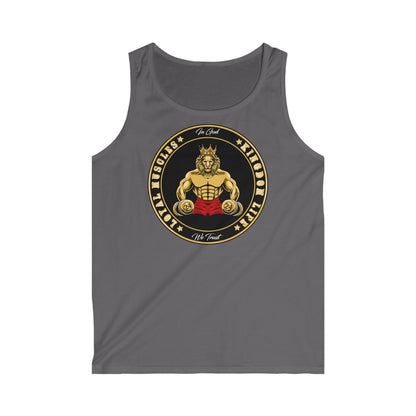 Close-up of LOYAL MUSCLE print on Christian men’s tank top – minimalist streetwear