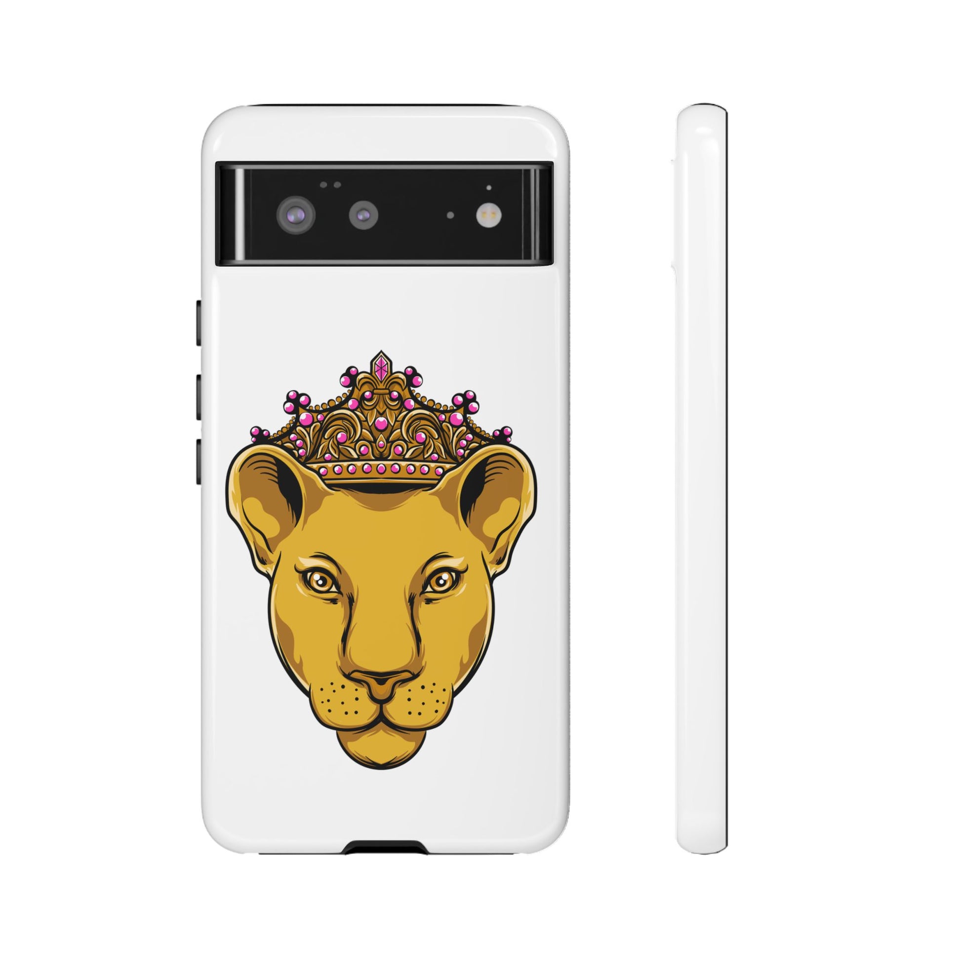 White LIONESS phone case for faith-driven users, elegant Christian design and extra protection