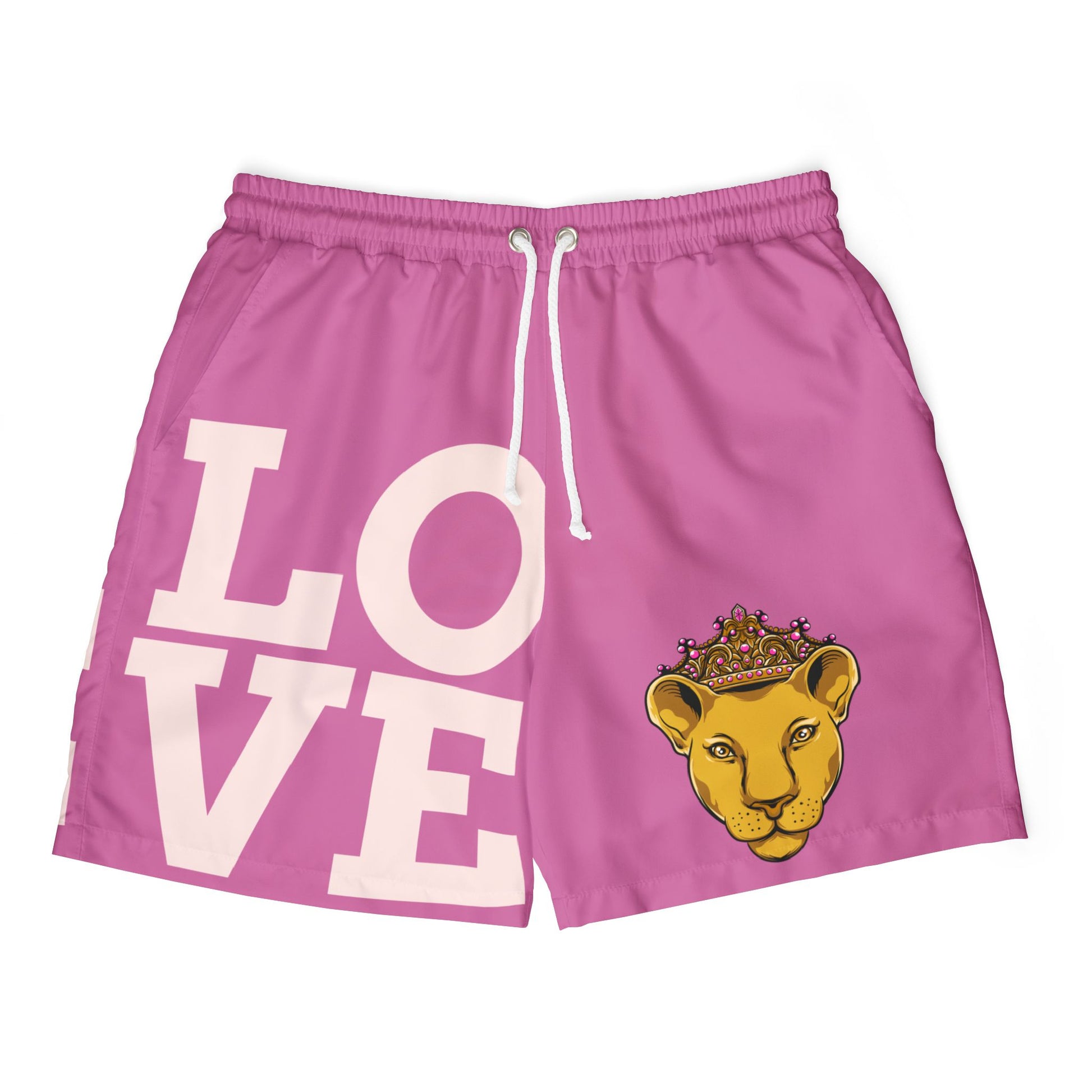 Pink swim shorts with LIONESS and LOVE print – Christian beachwear for women