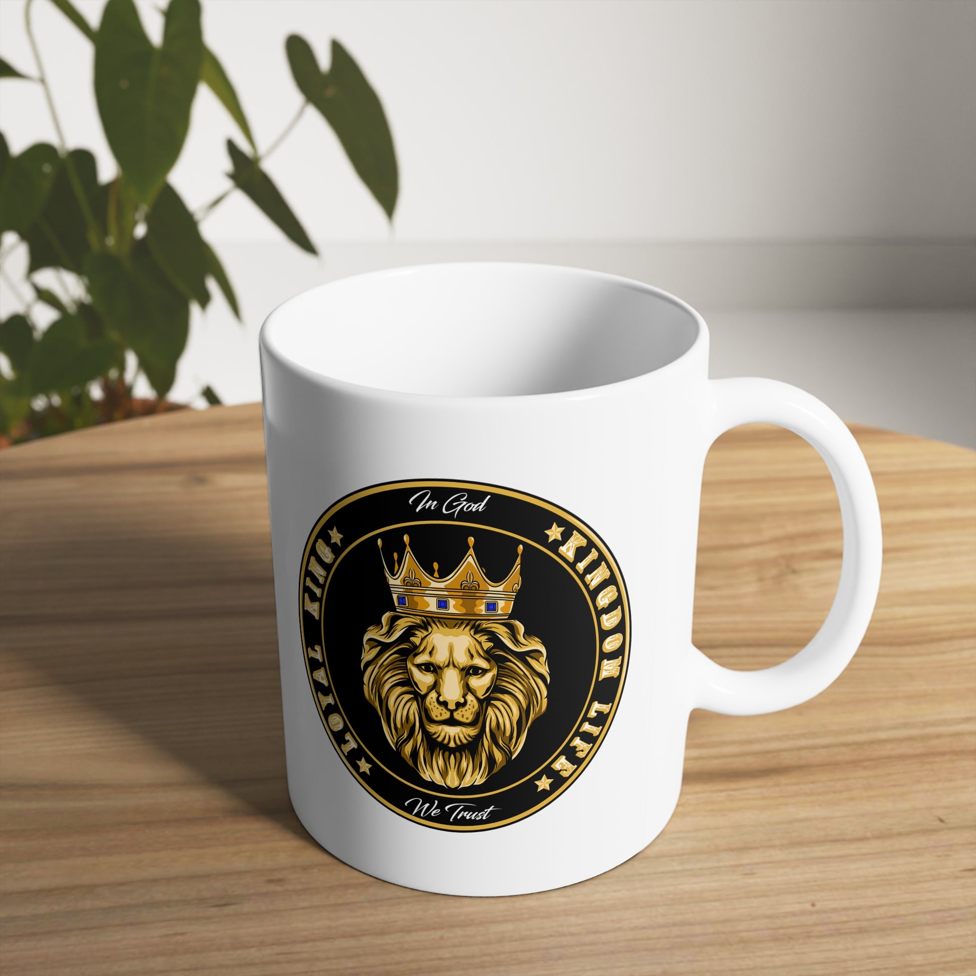 white ceramic cup with imprint of LOYAL KING - KINGDOM LIFE, in God we Trust.
Drink your coffee or tea while sharing your faith.