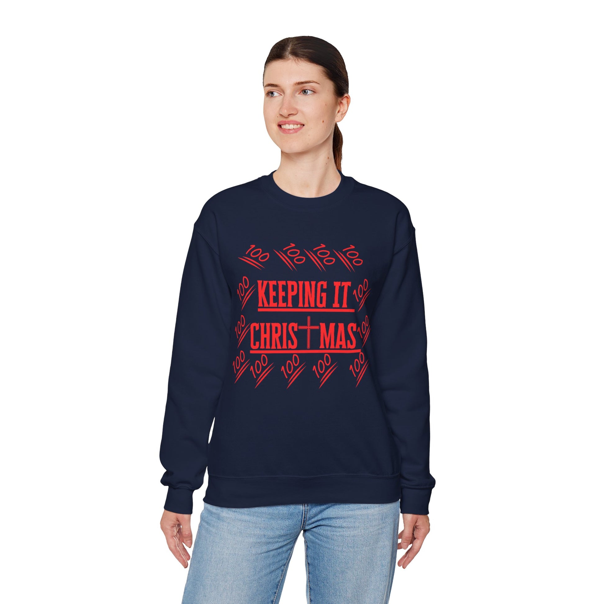 Unisex religious sweatshirt styled with jeans for a casual winter outfit