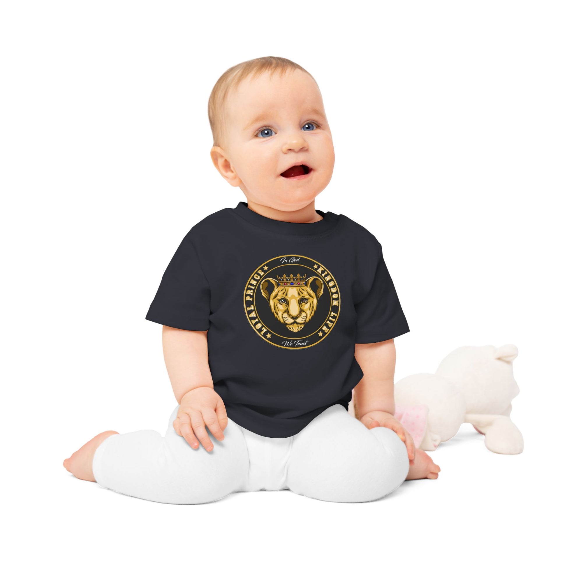 Baby model with LOYAL PRINCE organic cotton baby t-shirt in black– Christian faithwear