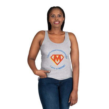 Stylish active mom wearing SUPERMOM tank top outdoors – casual faith-based streetwear look
