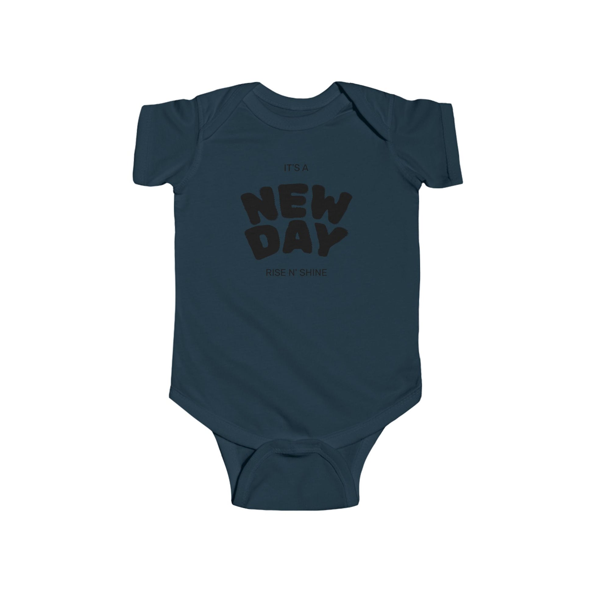 Christian baby bodysuit with bold line design, unisex, front view on white background