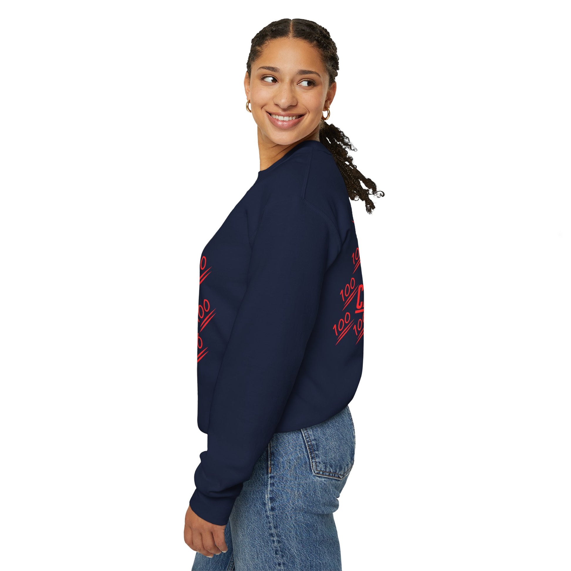 Opposite side view showing fit and sleeve detail of Christian Christmas sweatshirt