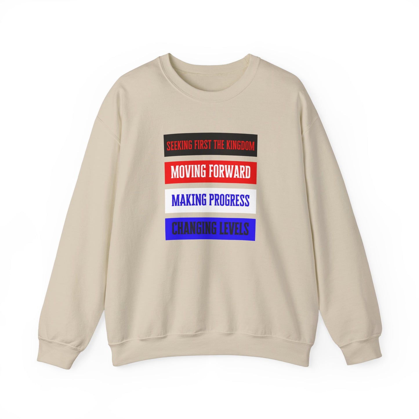 sand color sweatshirt with moving forward imprint on to how the world you are christian living.