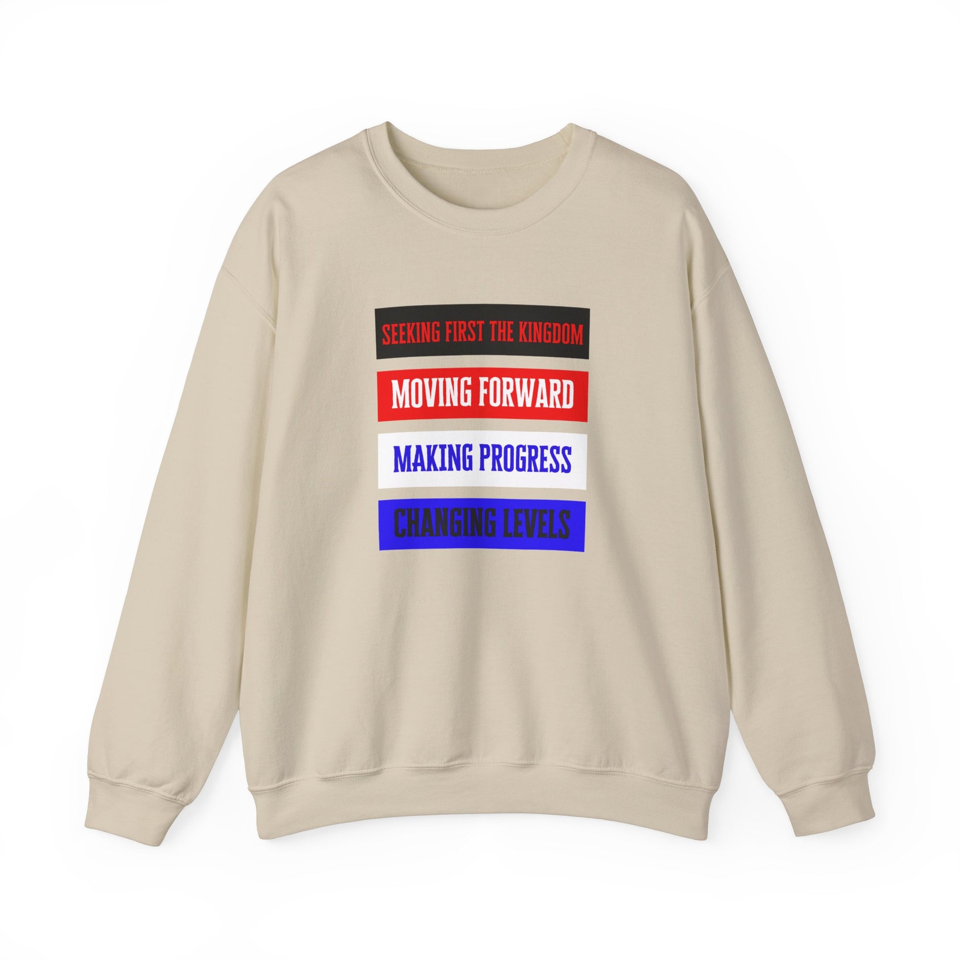 sand color sweatshirt with moving forward imprint on to how the world you are christian living.