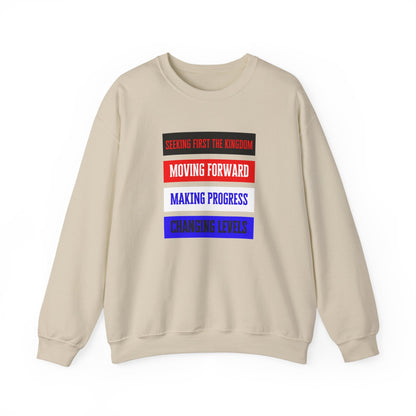 sand color sweatshirt with moving forward imprint on to how the world you are christian living.
