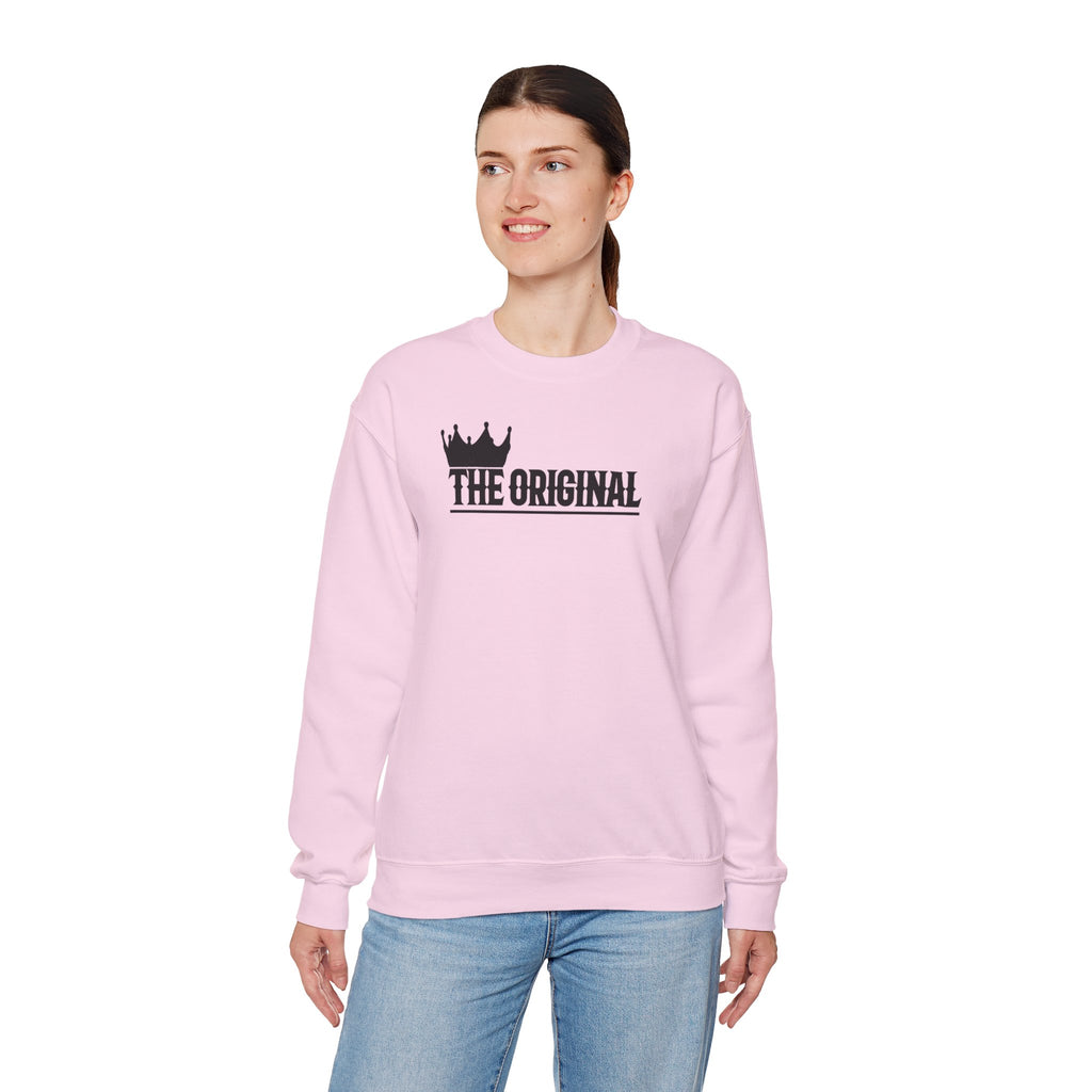 Model wearing The Original unisex sweatshirt with black chest imprint