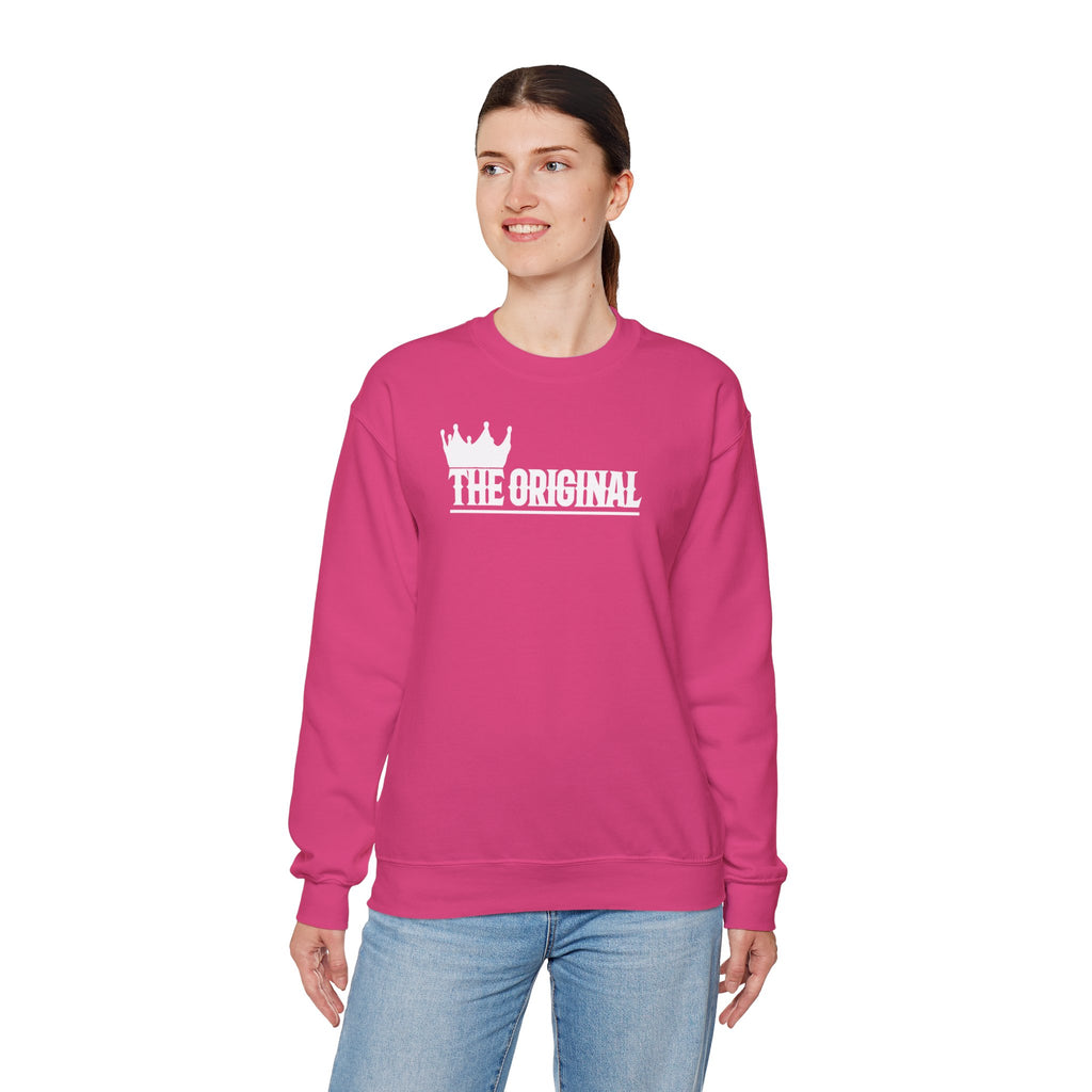 Model wearing The Original unisex sweatshirt with white chest imprint