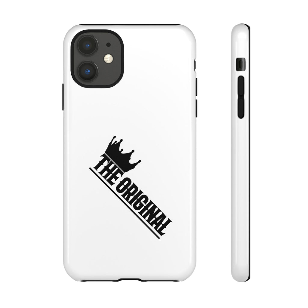 White Christian phone case with black The Original print – durable dual-layer protection with faith-based style